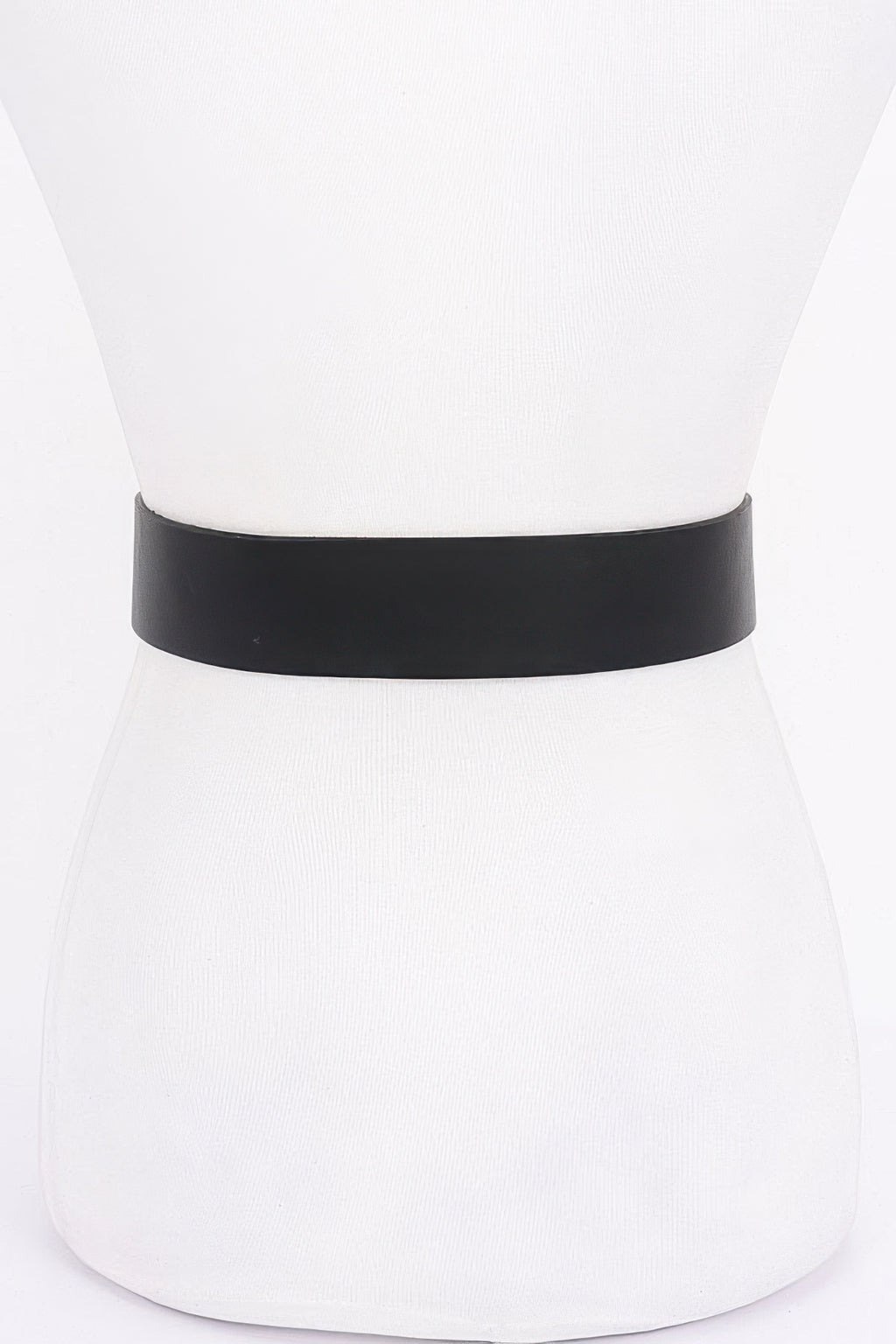 Black PU belt on mannequin, minimal buckle view