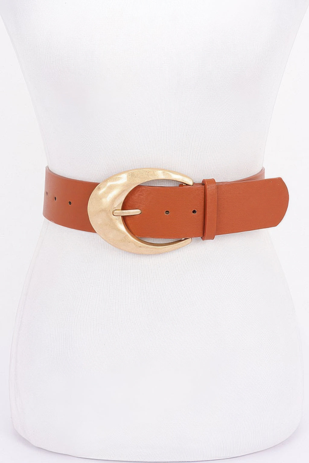 Camel PU belt with gold-toned metal ring buckle and punched holes