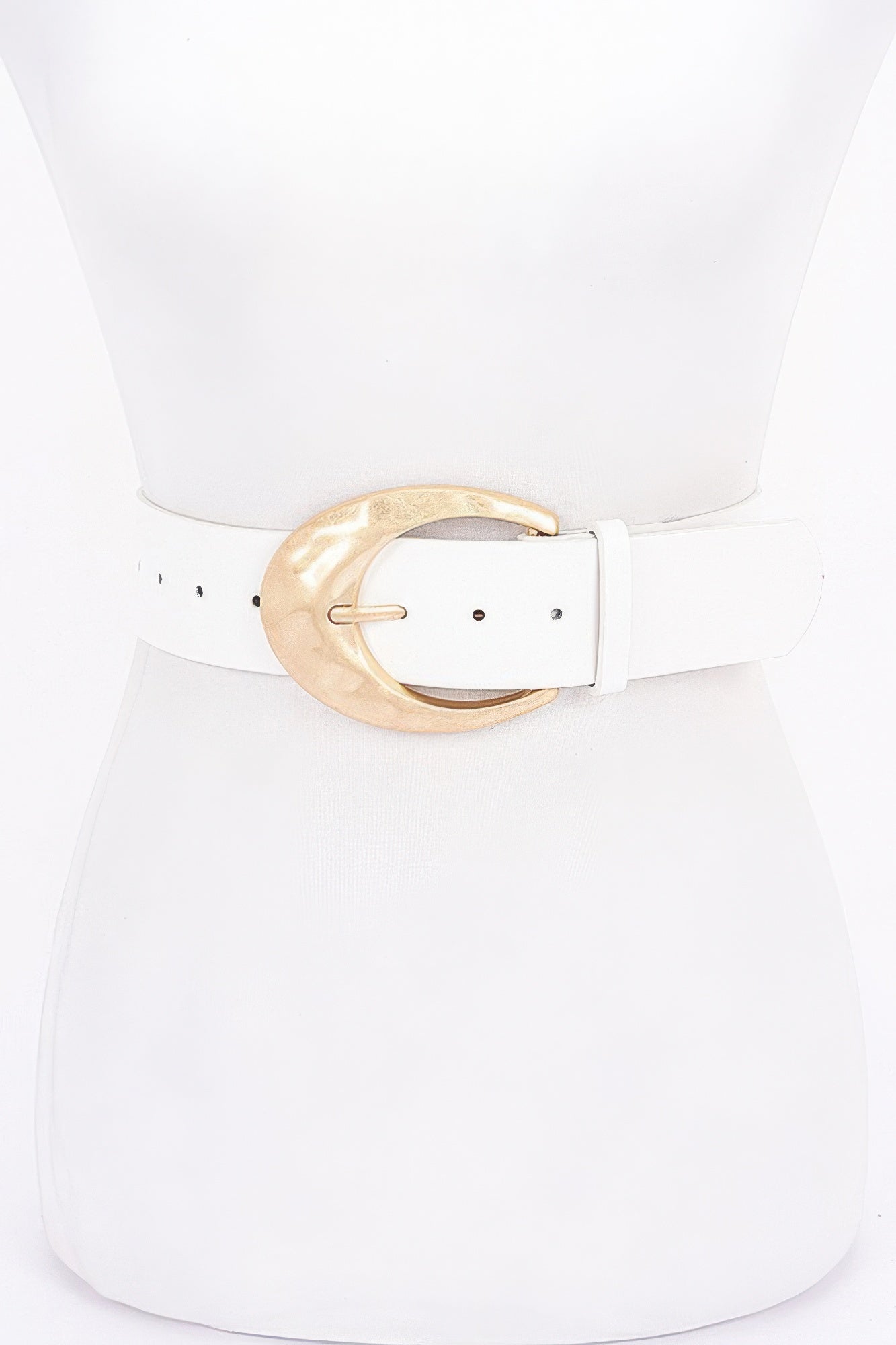 White PU belt with gold-toned metal ring buckle and adjustable holes
