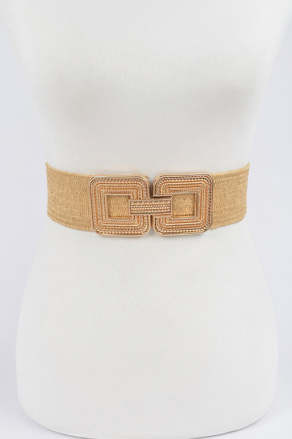 Beige stretch belt with gold-tone metal buckle and patterned square design
