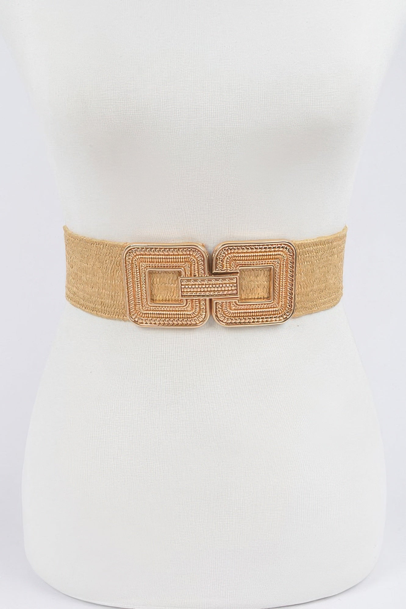 Beige stretch belt with gold-tone metal buckle and patterned square design