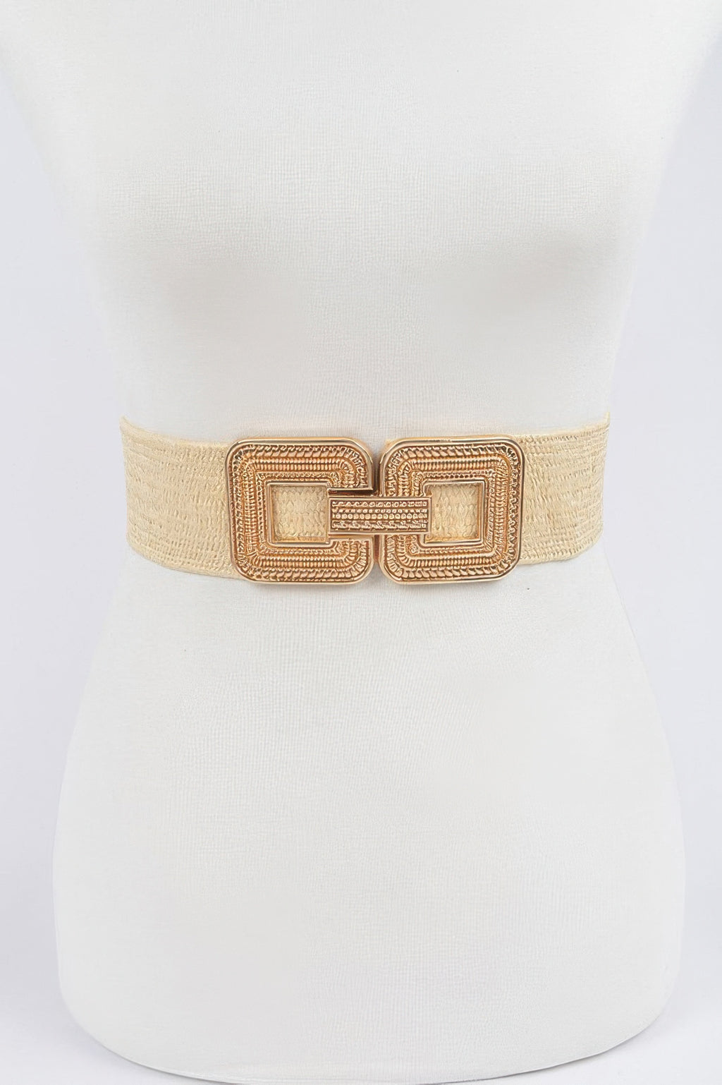Beige elastic waist belt with ornate gold-tone square buckle detail