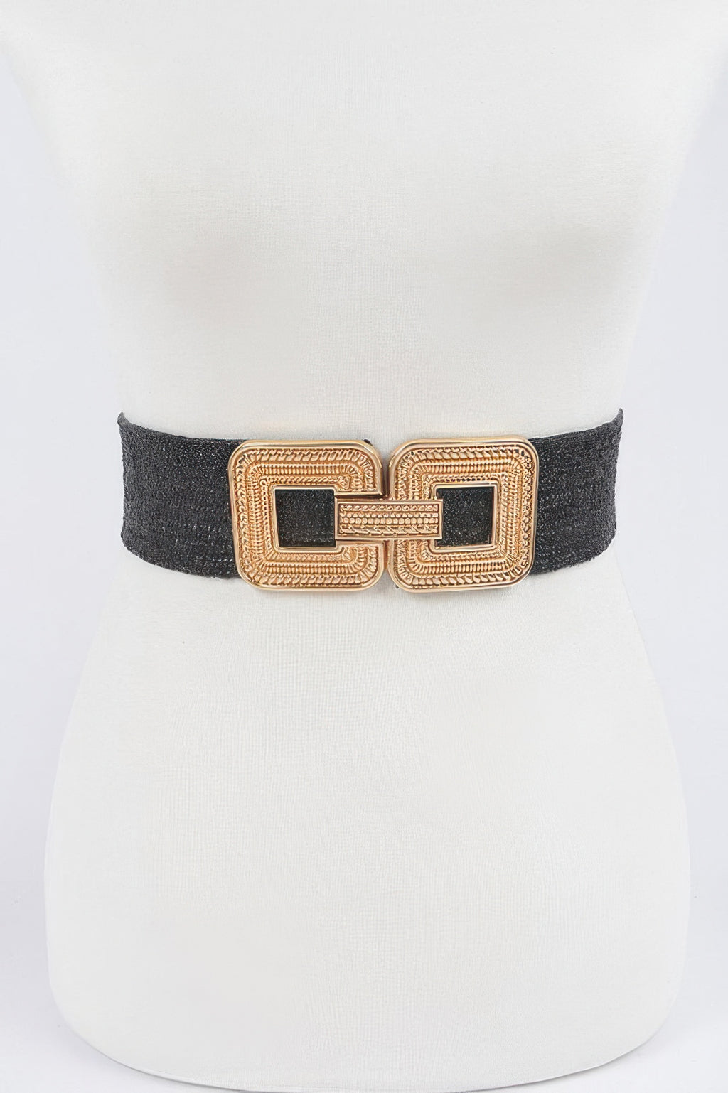 Black stretch belt with gold-tone metal buckle and square geometric pattern