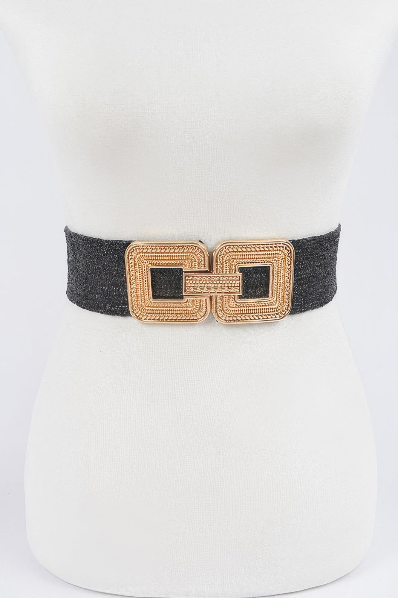 Black stretch belt with gold-tone metal buckle and square geometric pattern