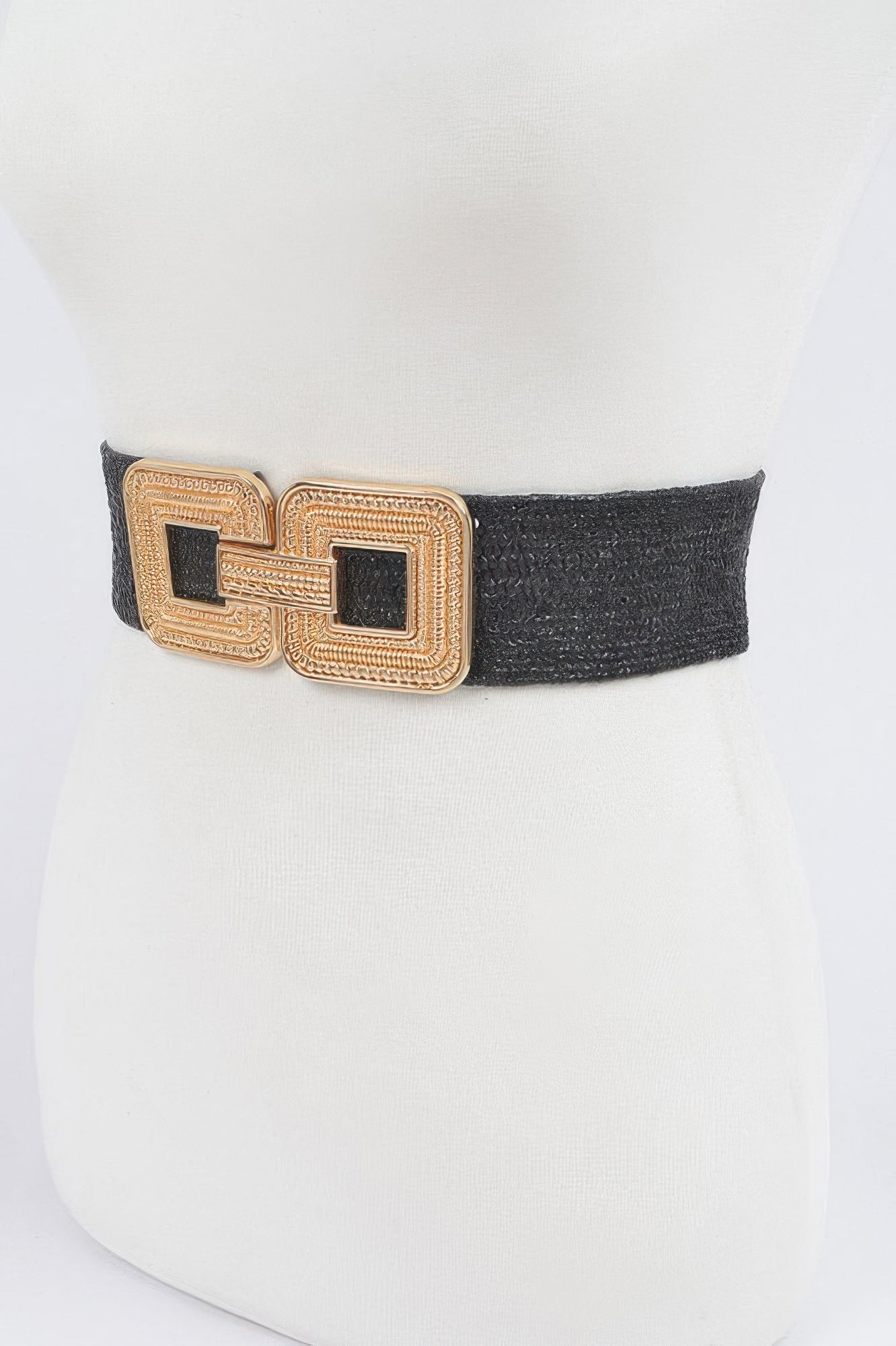 Black stretch belt with gold-tone square buckle, side view