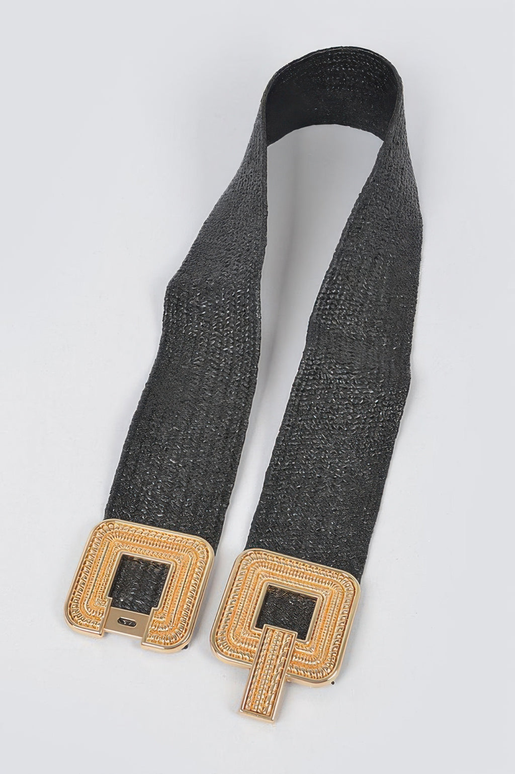 Black stretch belt with gold-tone square buckle and loop ends