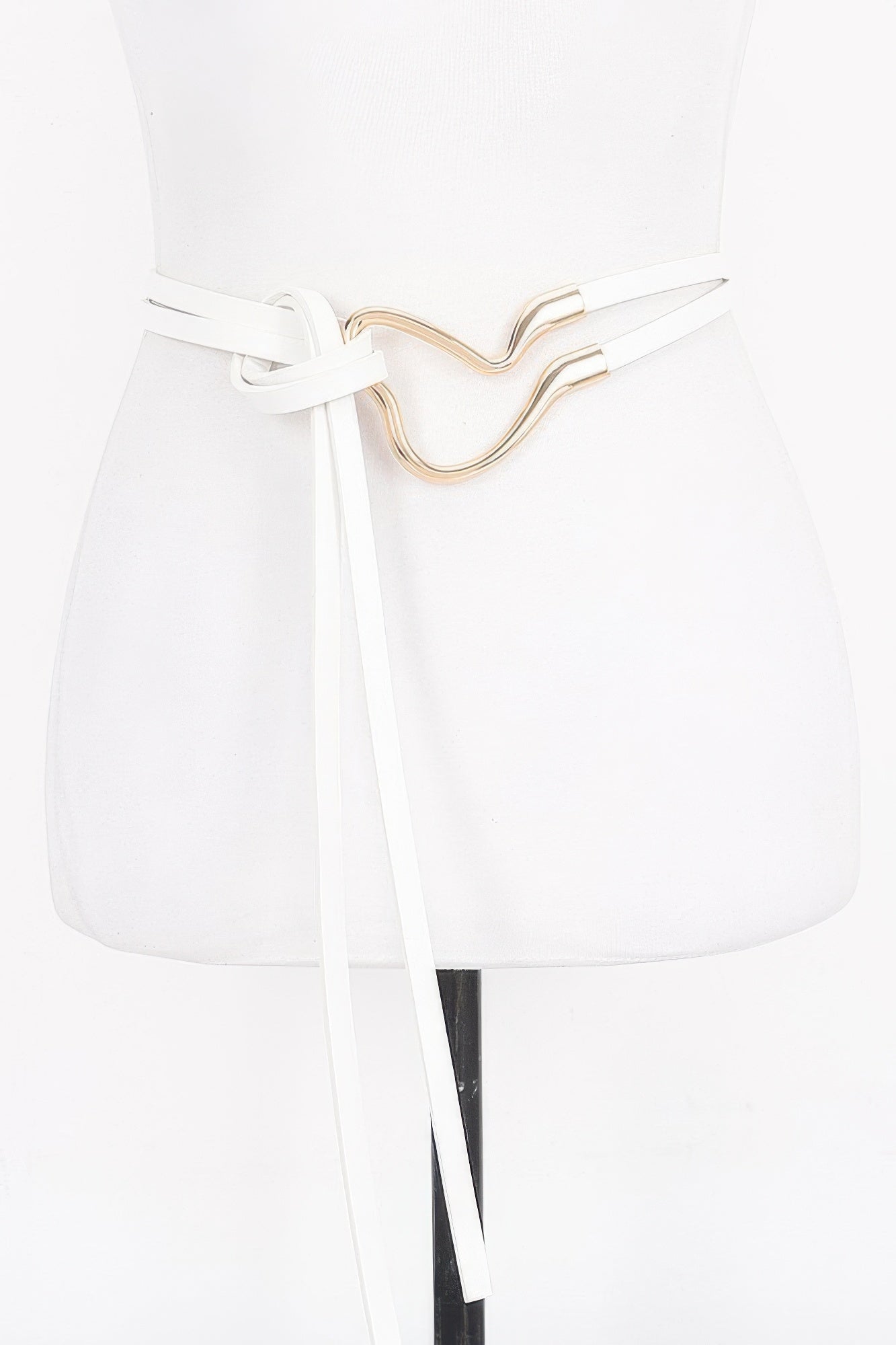 White wrap belt with metal buckle and ribbon tie ends