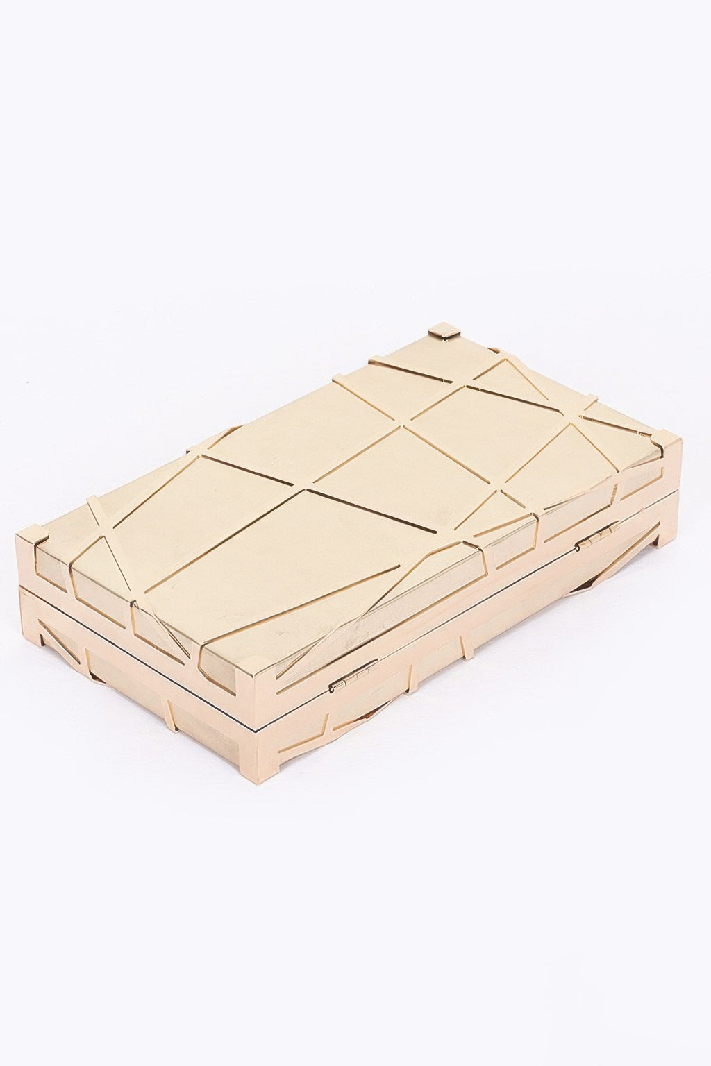 Gold metallic case clutch with top clasp and angular geometric front design