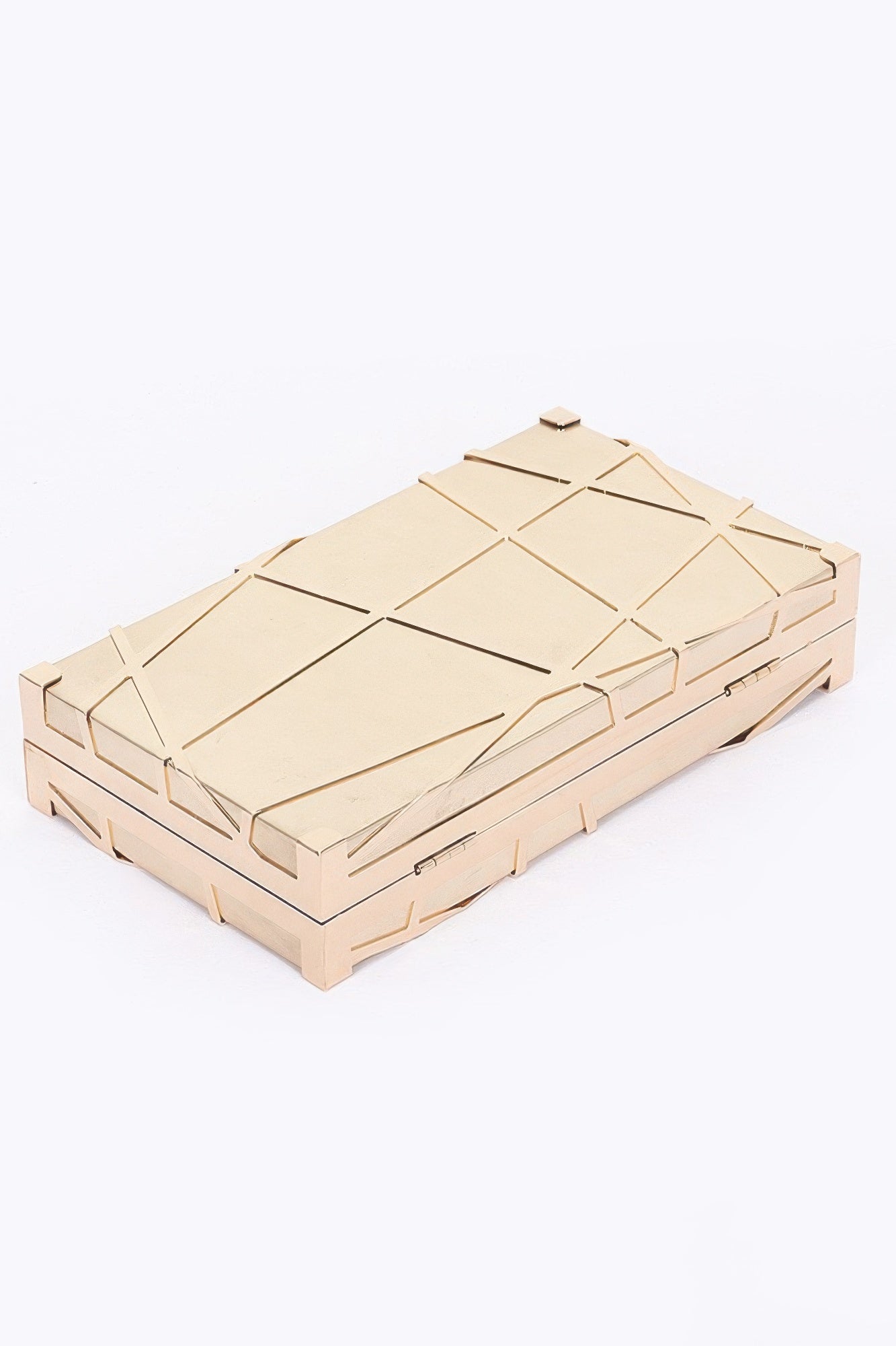 Gold metallic case clutch with top clasp and angular geometric front design