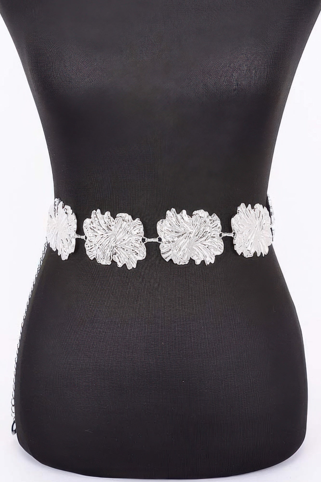 Silver metal chain belt with textured flower links, adjustable waist fit