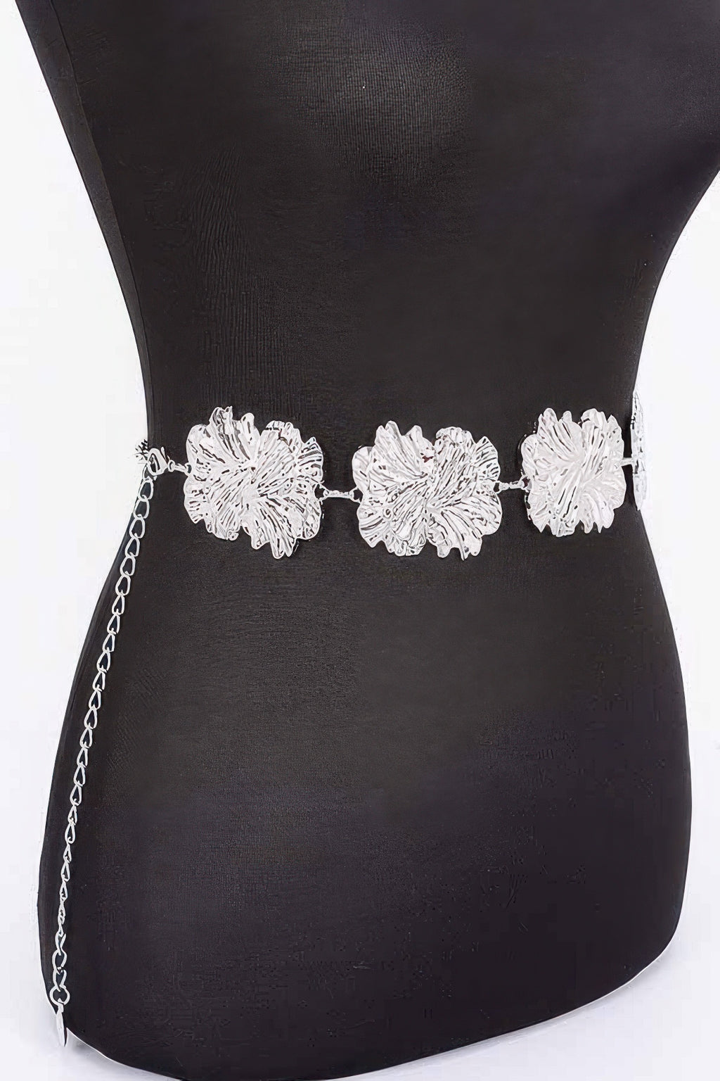 Silver metal chain belt with large textured flower medallions and hanging chain