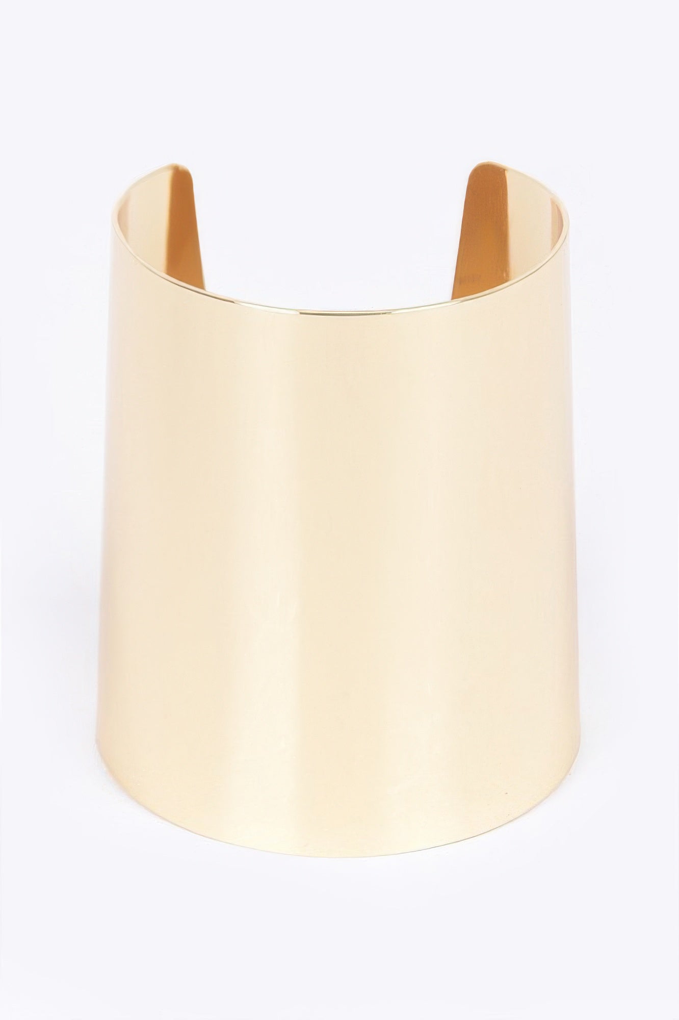 Gold metal cuff bracelet, wide open bangle with smooth polished finish