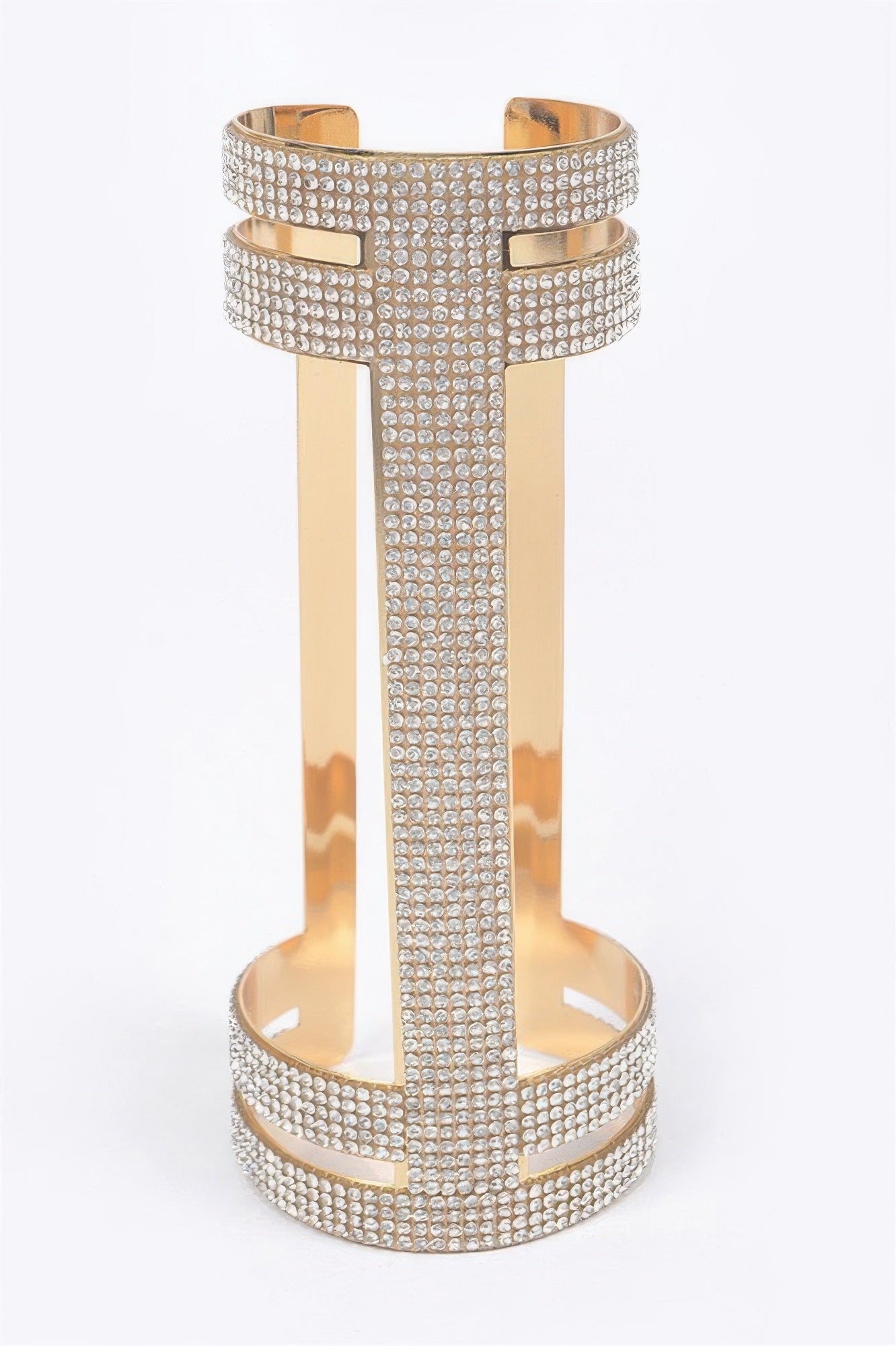 Metal cuff bracelet with silver rhinestone band and open rectangular center cutouts