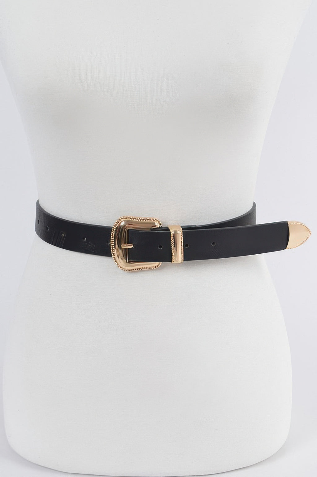 Metal Faux Leather Belt, black strap with gold-tone rectangular buckle