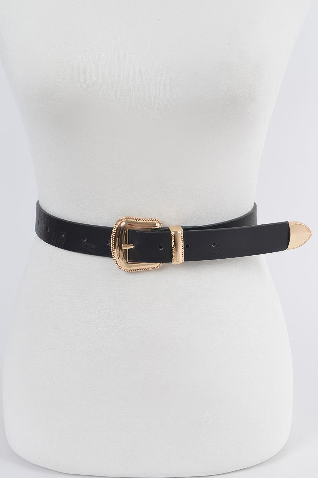 Metal Faux Leather Belt, black strap with gold-tone rectangular buckle
