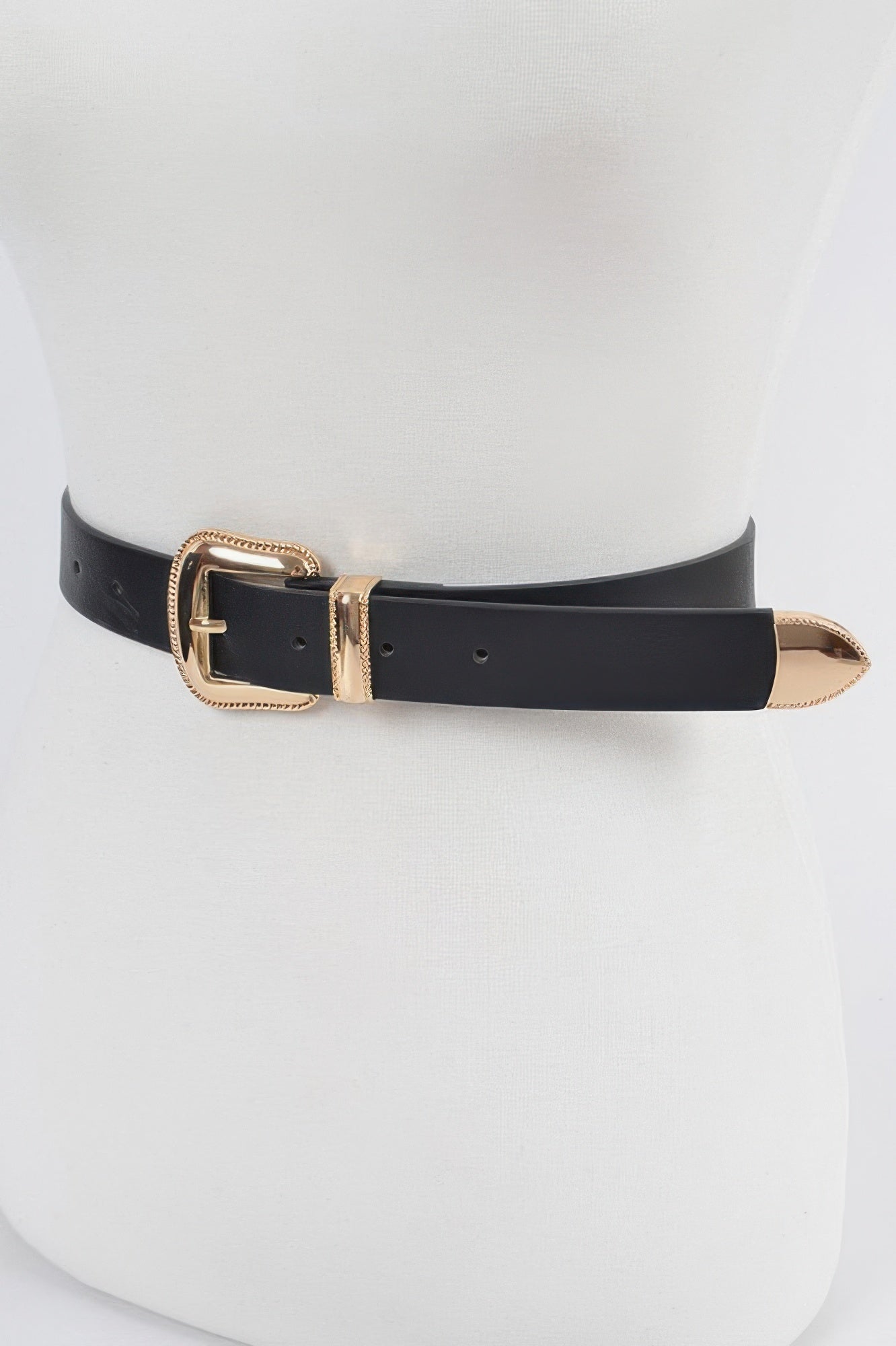 Metal Faux Leather Belt, black strap with gold-tone buckle and punched holes