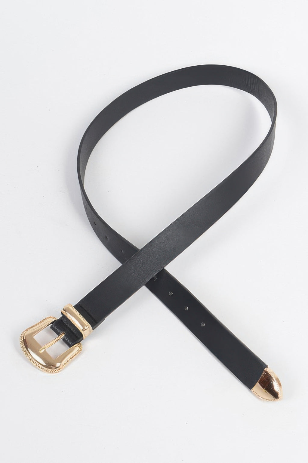 Metal Faux Leather Belt laid out, black faux leather with gold-tone buckle