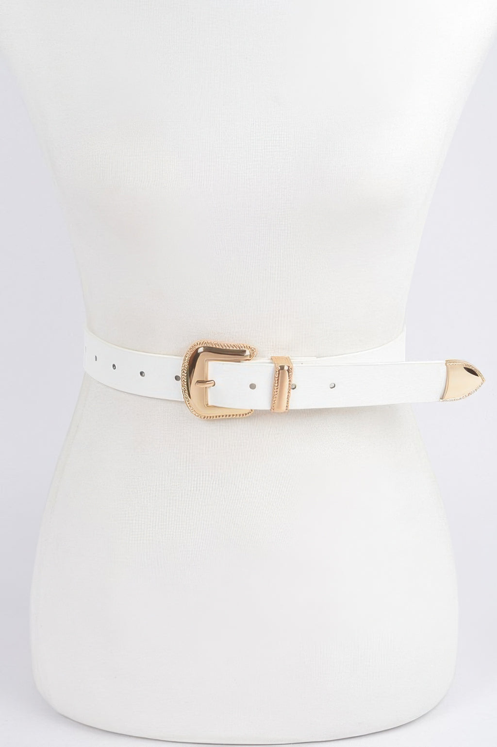 Metal Faux Leather Belt, white strap with gold-tone rectangular buckle