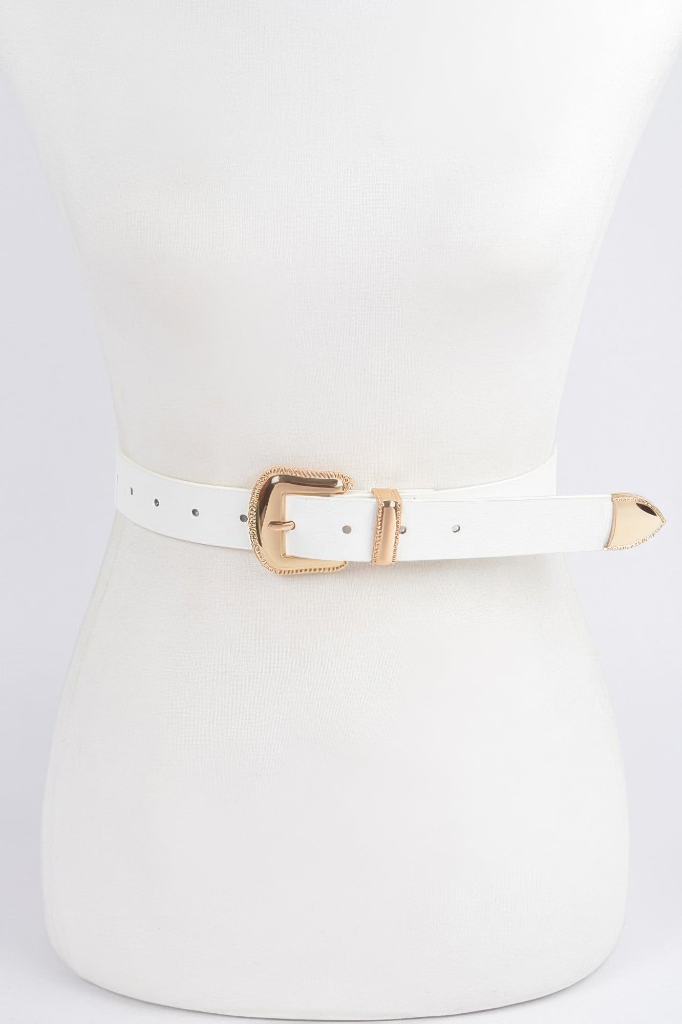 Metal Faux Leather Belt, white strap with gold-tone rectangular buckle