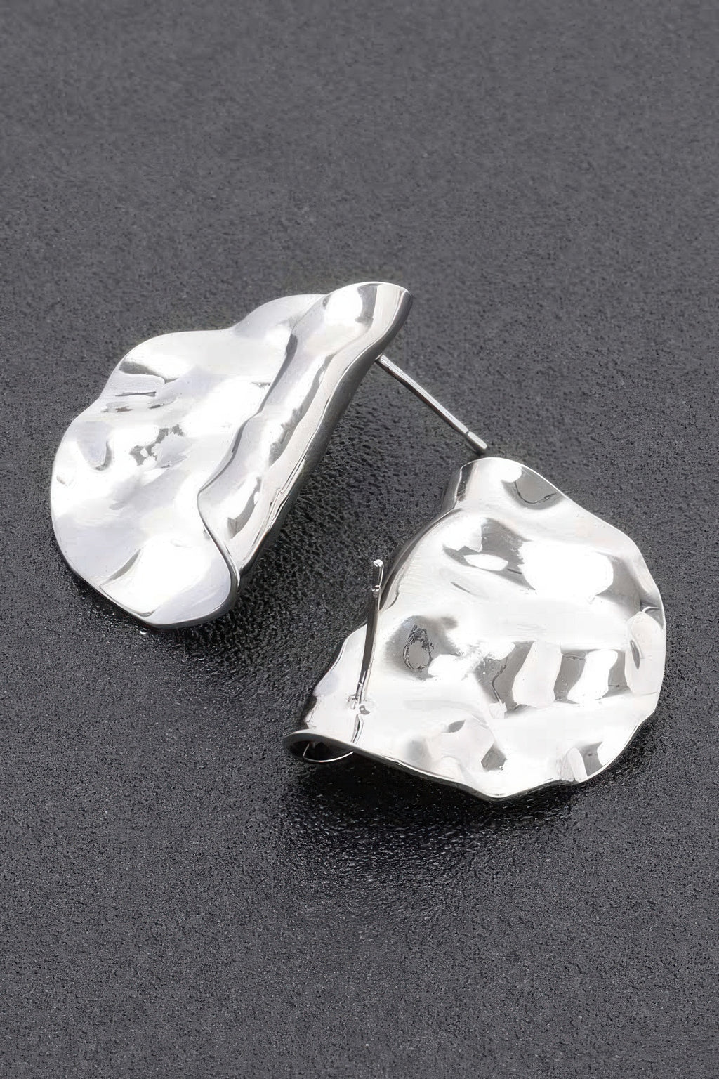 Silver dip metal earrings, hammered teardrop shape with straight posts and backings