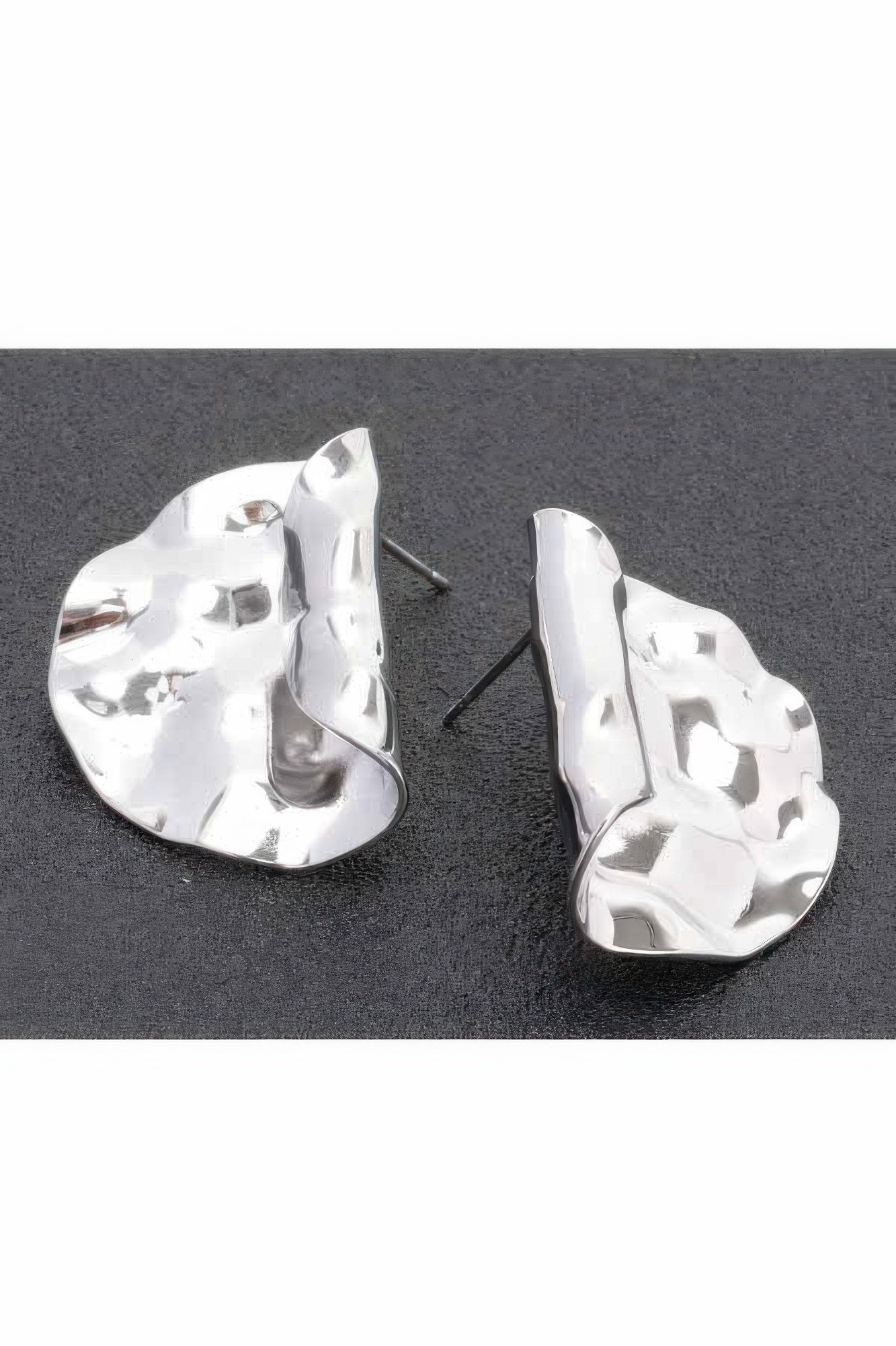 Silver dip metal earrings, glossy hammered teardrop design with stud backings