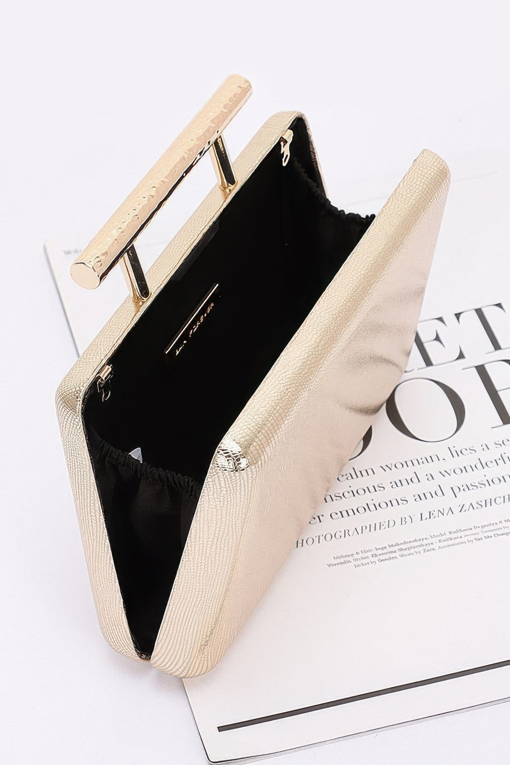 Gold-tone top case clutch open view with black interior and metal frame