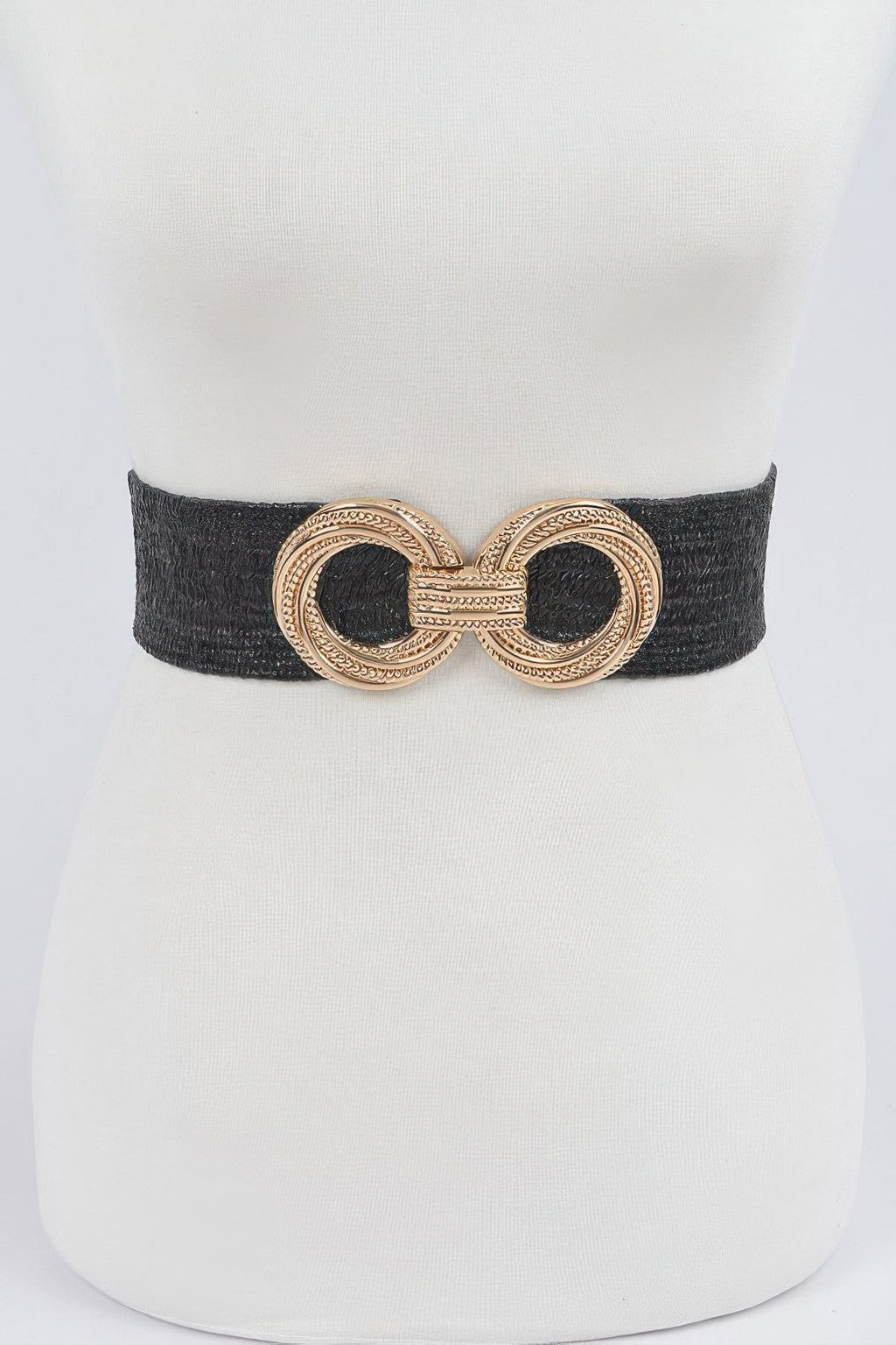 Metal oo buckle stretch straw belt, black with gold-tone double-ring buckle