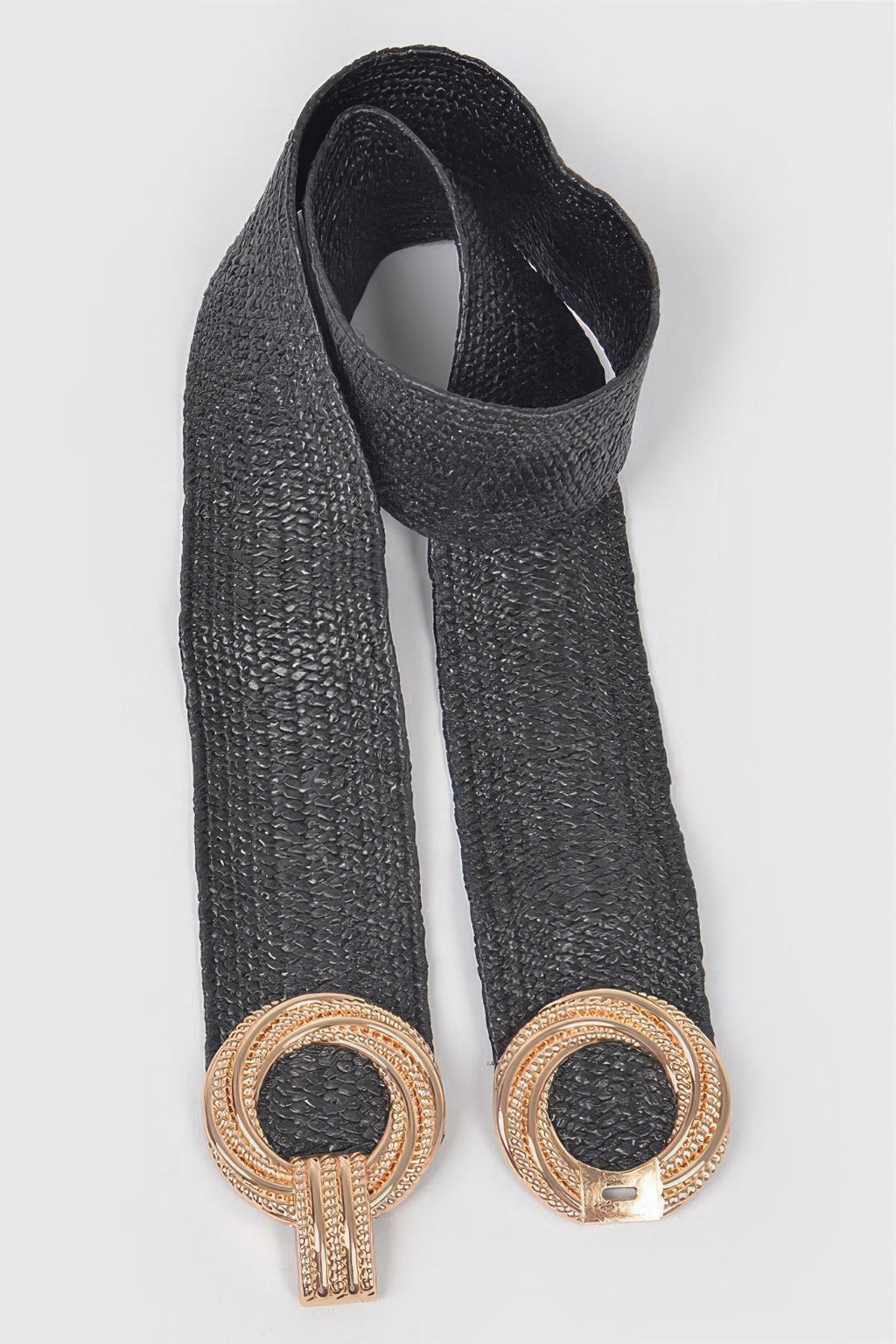 Black stretch straw belt ends with gold-tone ring buckle hardware