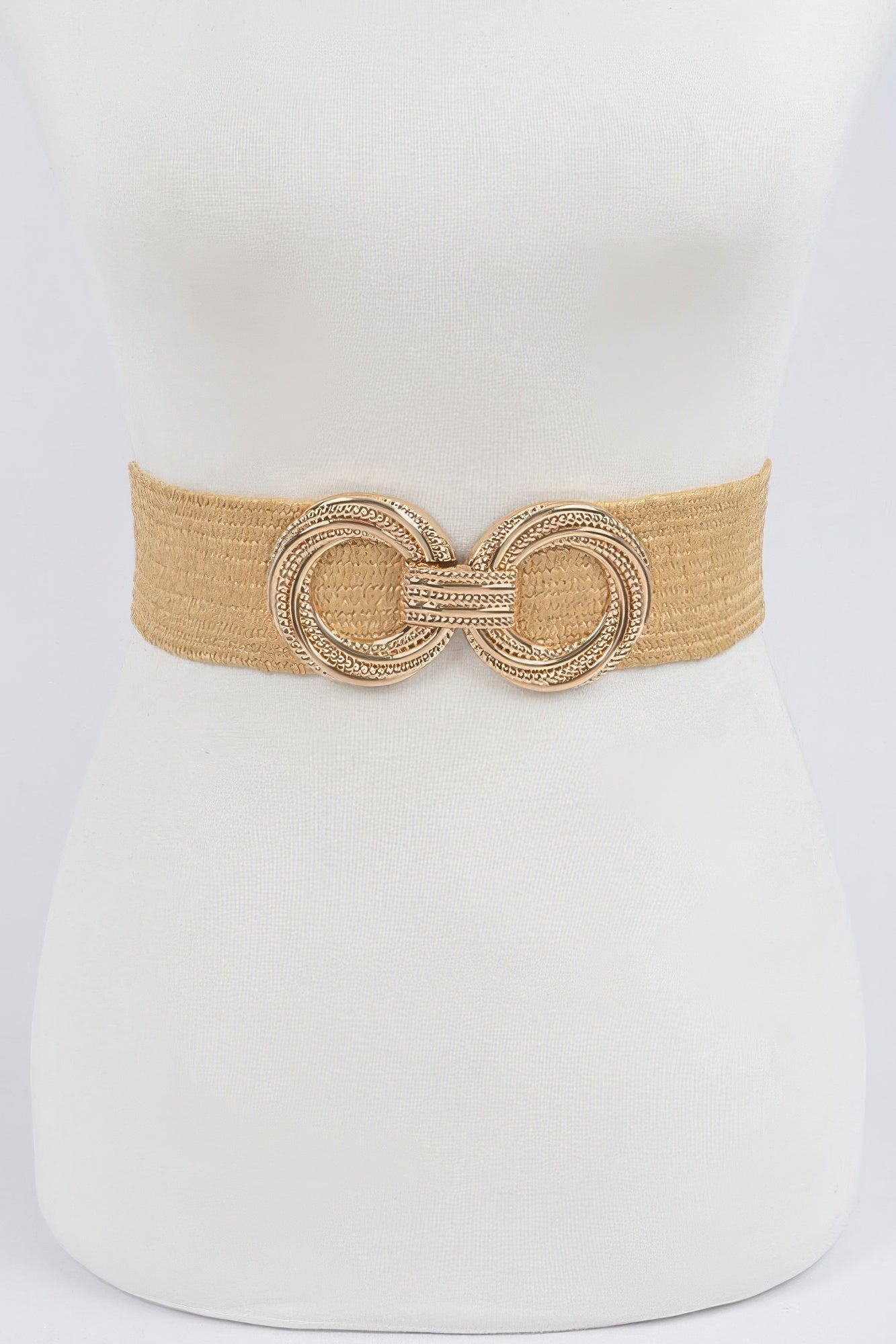 Khaki stretch straw belt with gold-tone double-ring buckle and dark inserts