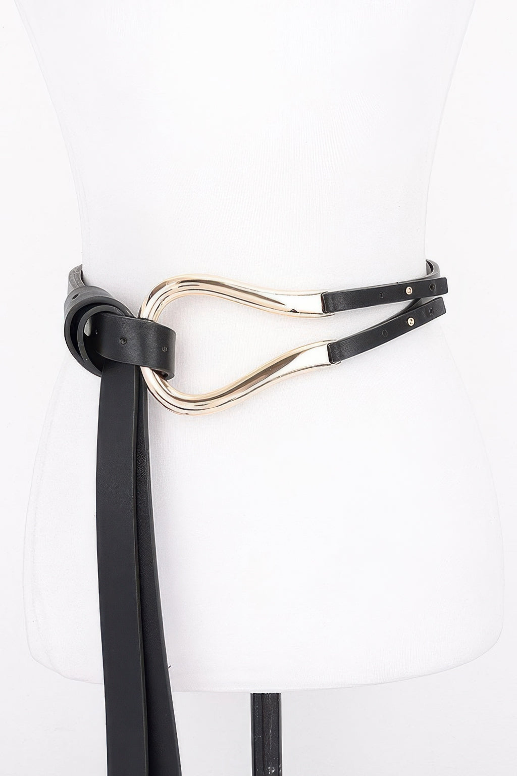 Metal PU buckle, black belt with gold-tone buckle and long hanging strap
