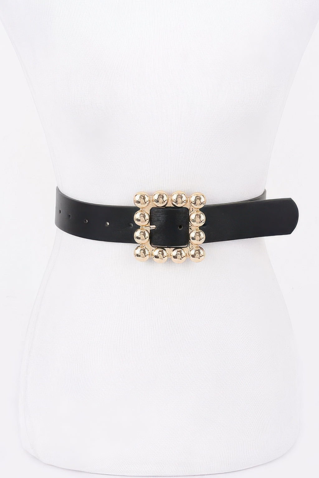 Metal Square Buckle PU Belt, black with gold-tone square embellished buckle