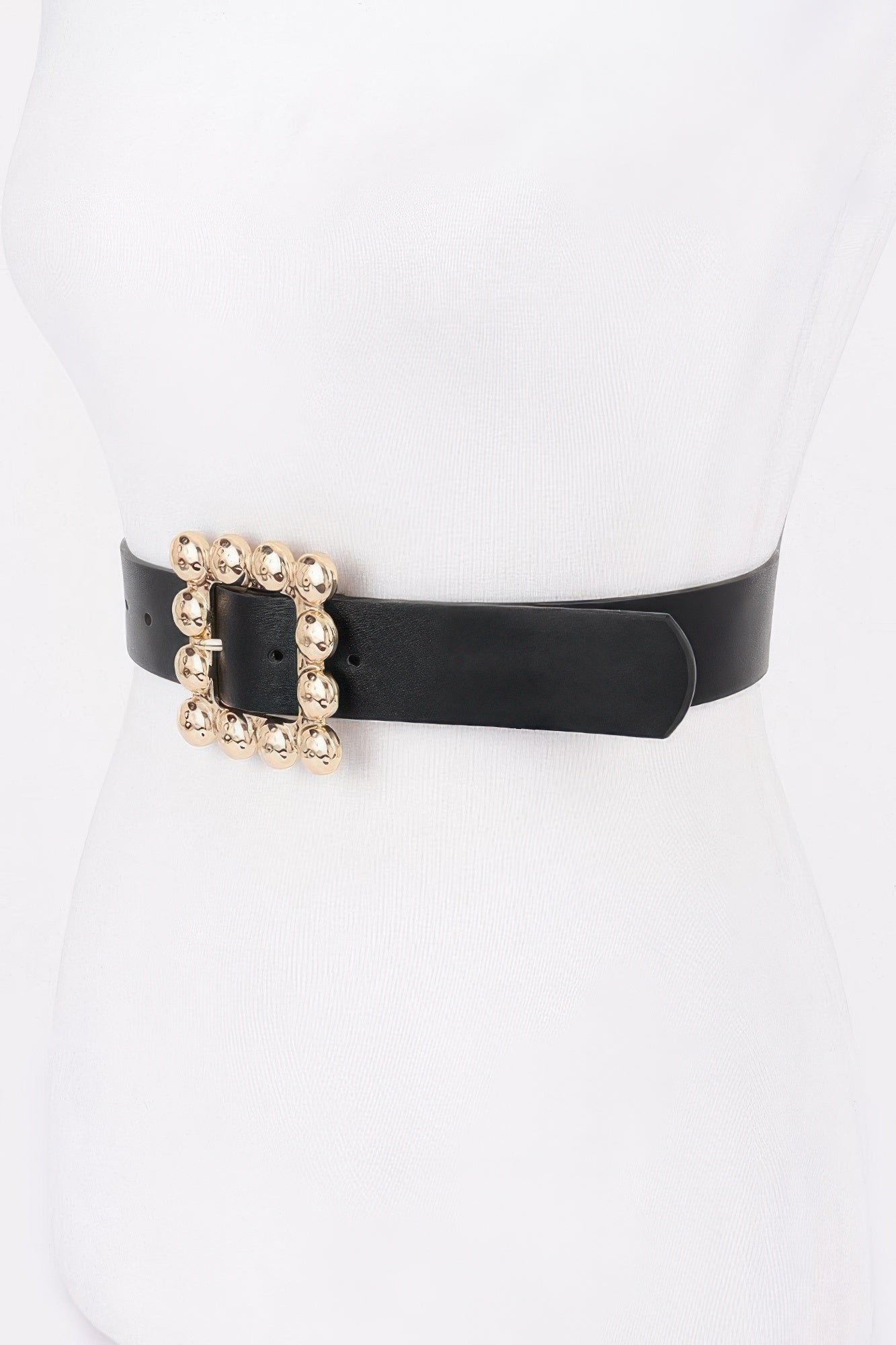 Black PU belt with square metal buckle and gold-tone ornamental frame detail