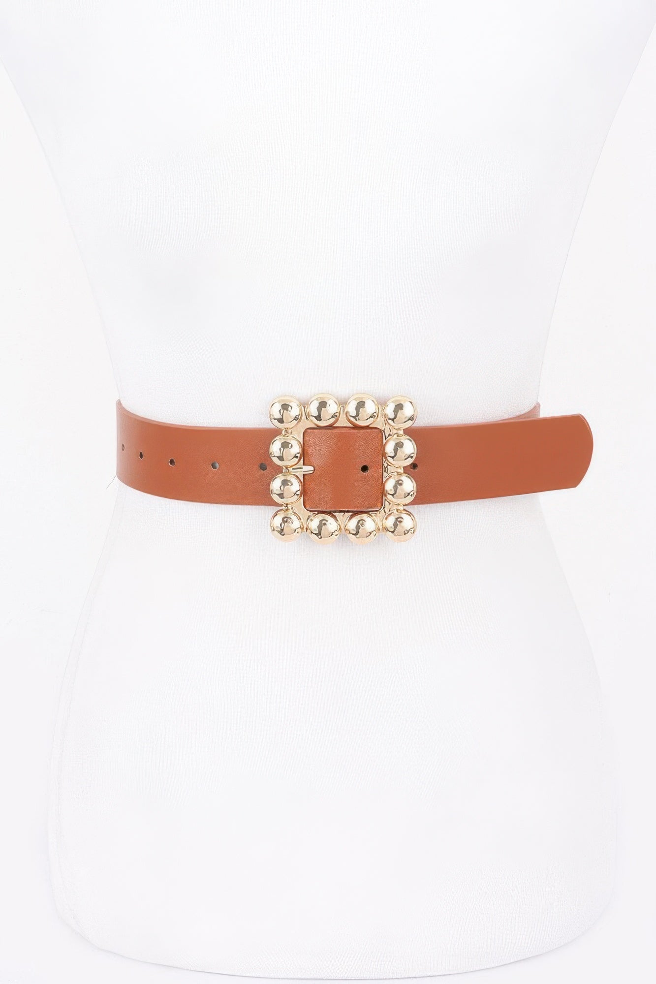 Metal Square Buckle PU Belt, camel/orange brown with gold-tone square buckle
