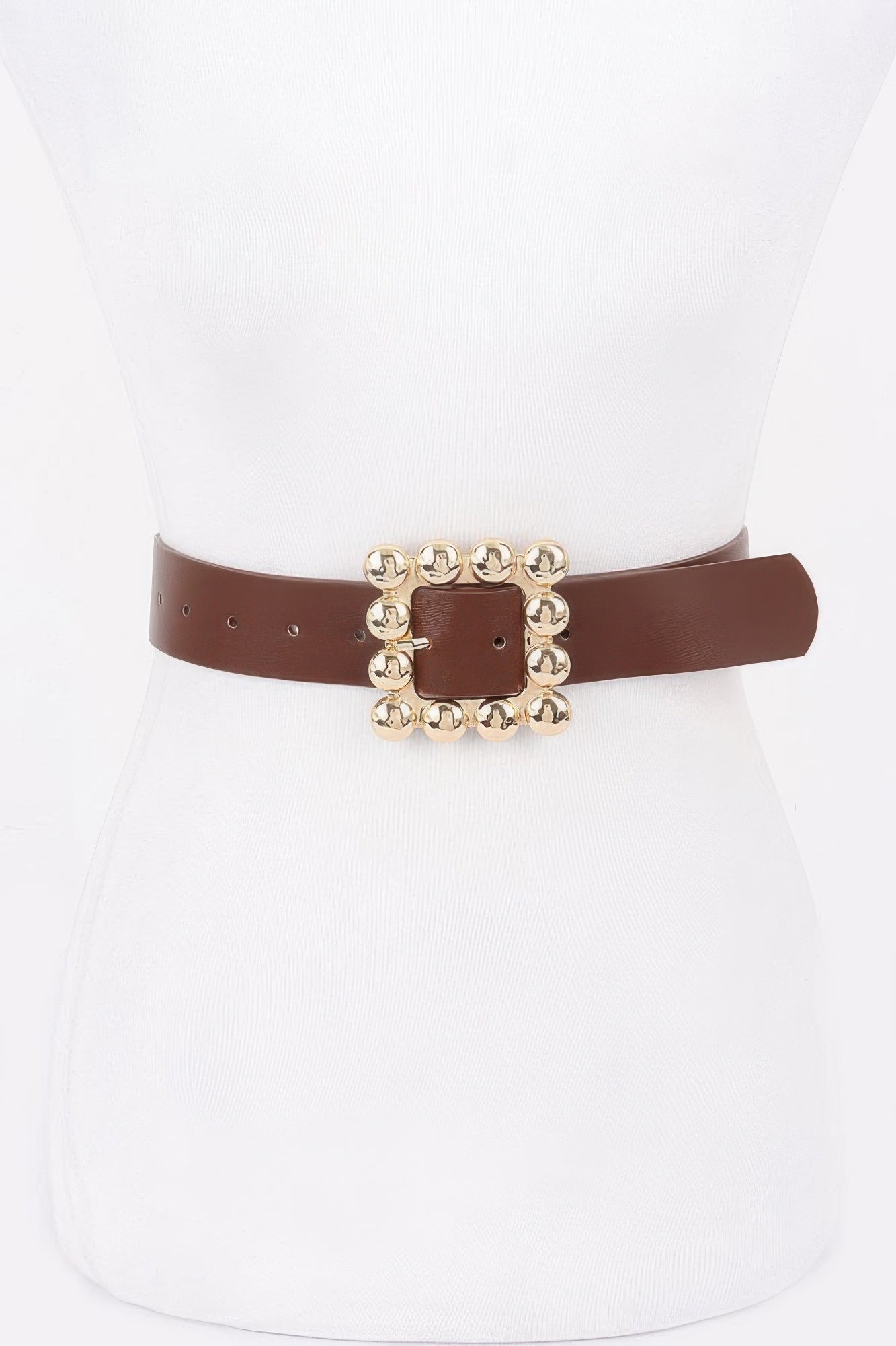 Brown PU belt with metal square buckle and gold-tone decorative bead border
