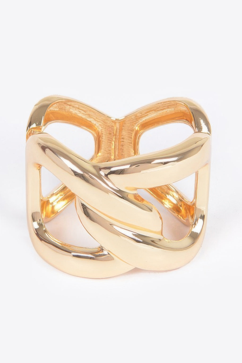 Goldfarbener Metal-Spring-Hinge-Cuff mit großem X-Muster und glänzender Oberfläche