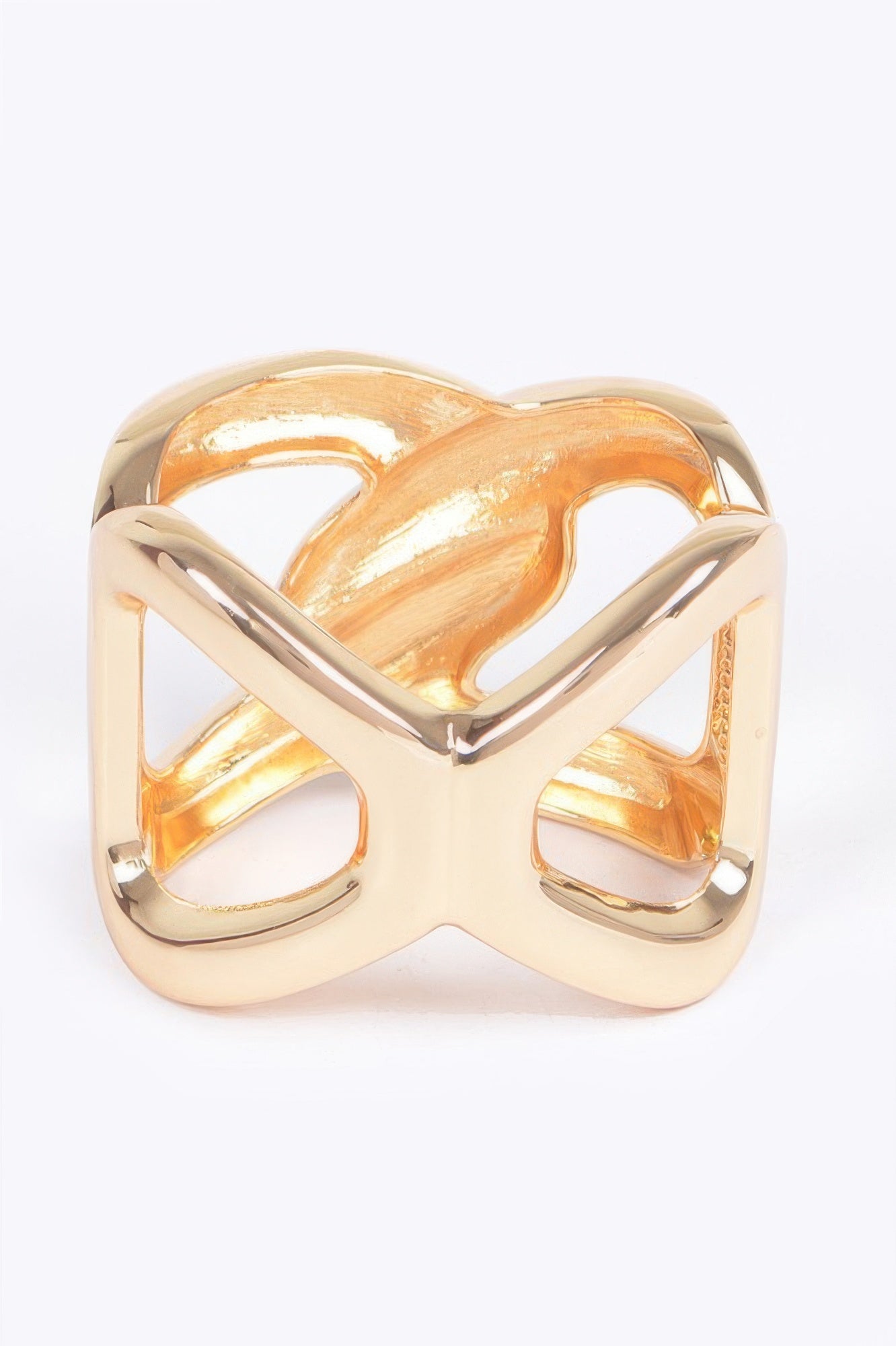 Goldfarbener Cuff mit Spring-Hinge, dickes X-Design und hohlem Mittelteil