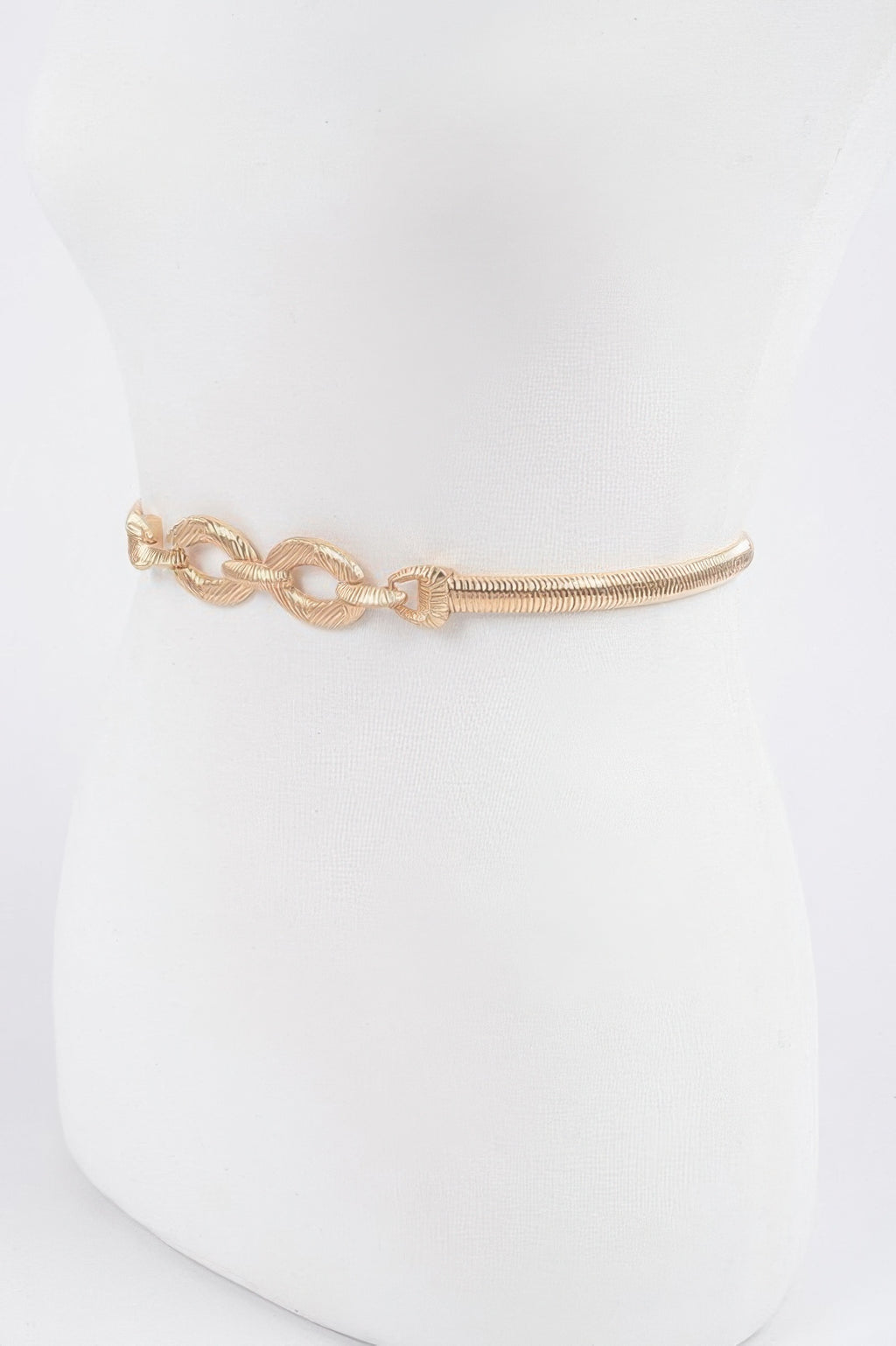 Metal Stretch Belt, gold-tone chain links across waistline