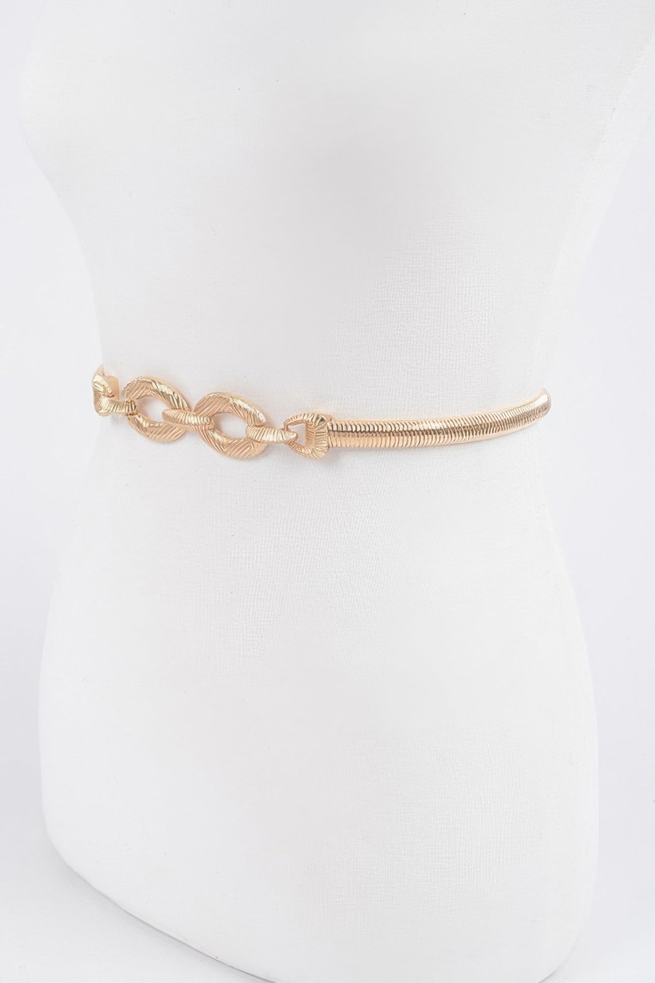 Metal Stretch Belt, gold-tone chain links across waistline