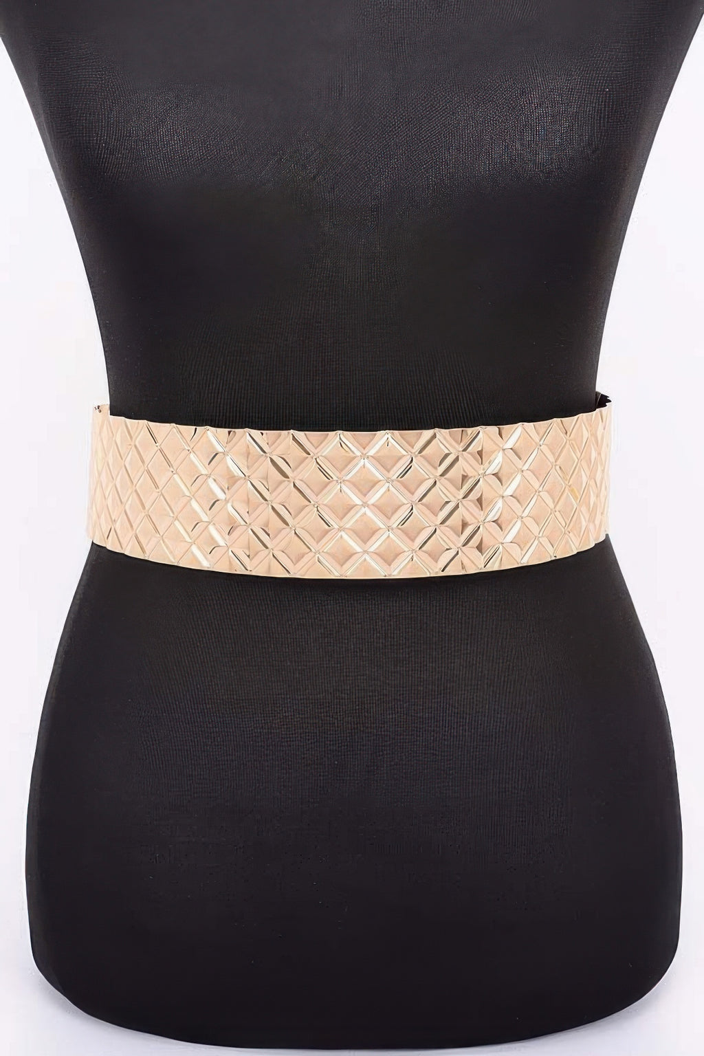 Metal waist belt with diamond-pattern strip, champagne/gold tone finish.