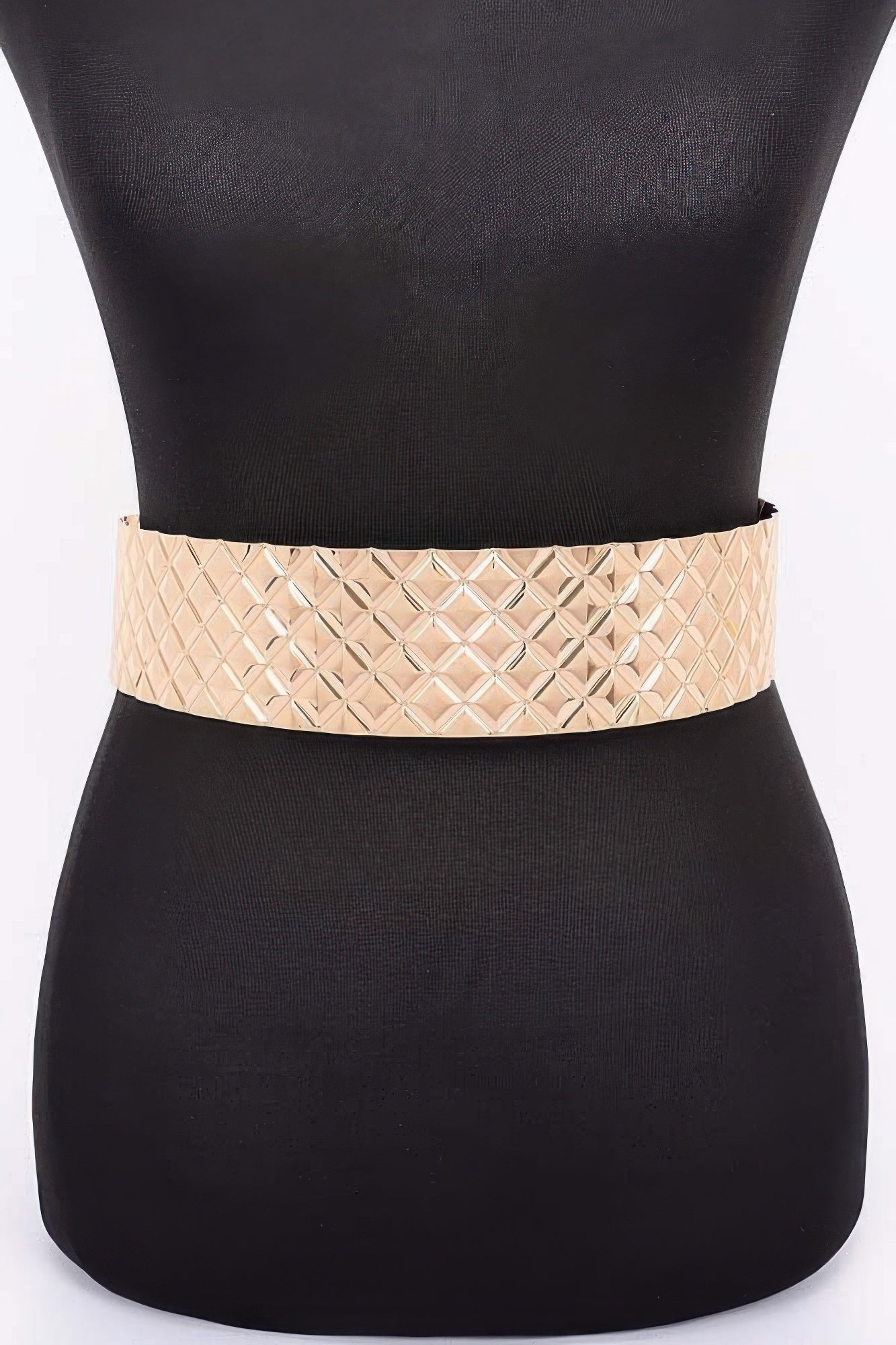 Metal waist belt with diamond-pattern strip, champagne/gold tone finish.