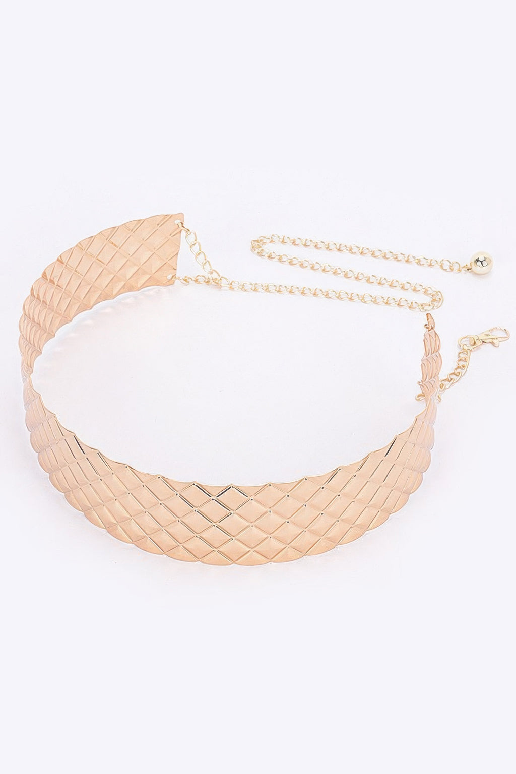 Gold metal waist belt, woven diamond texture with dangling chain and clasp.