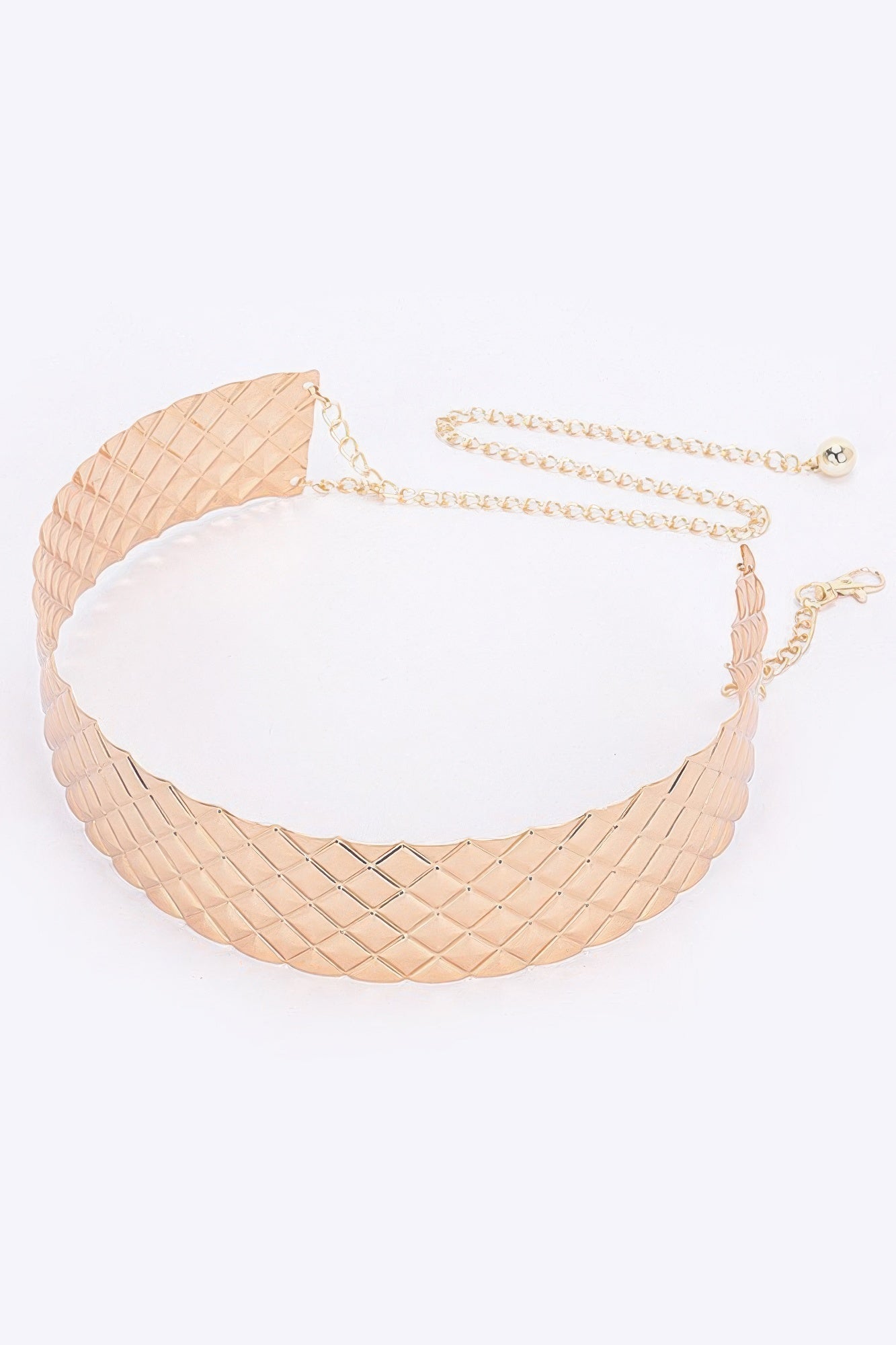Gold metal waist belt, woven diamond texture with dangling chain and clasp.