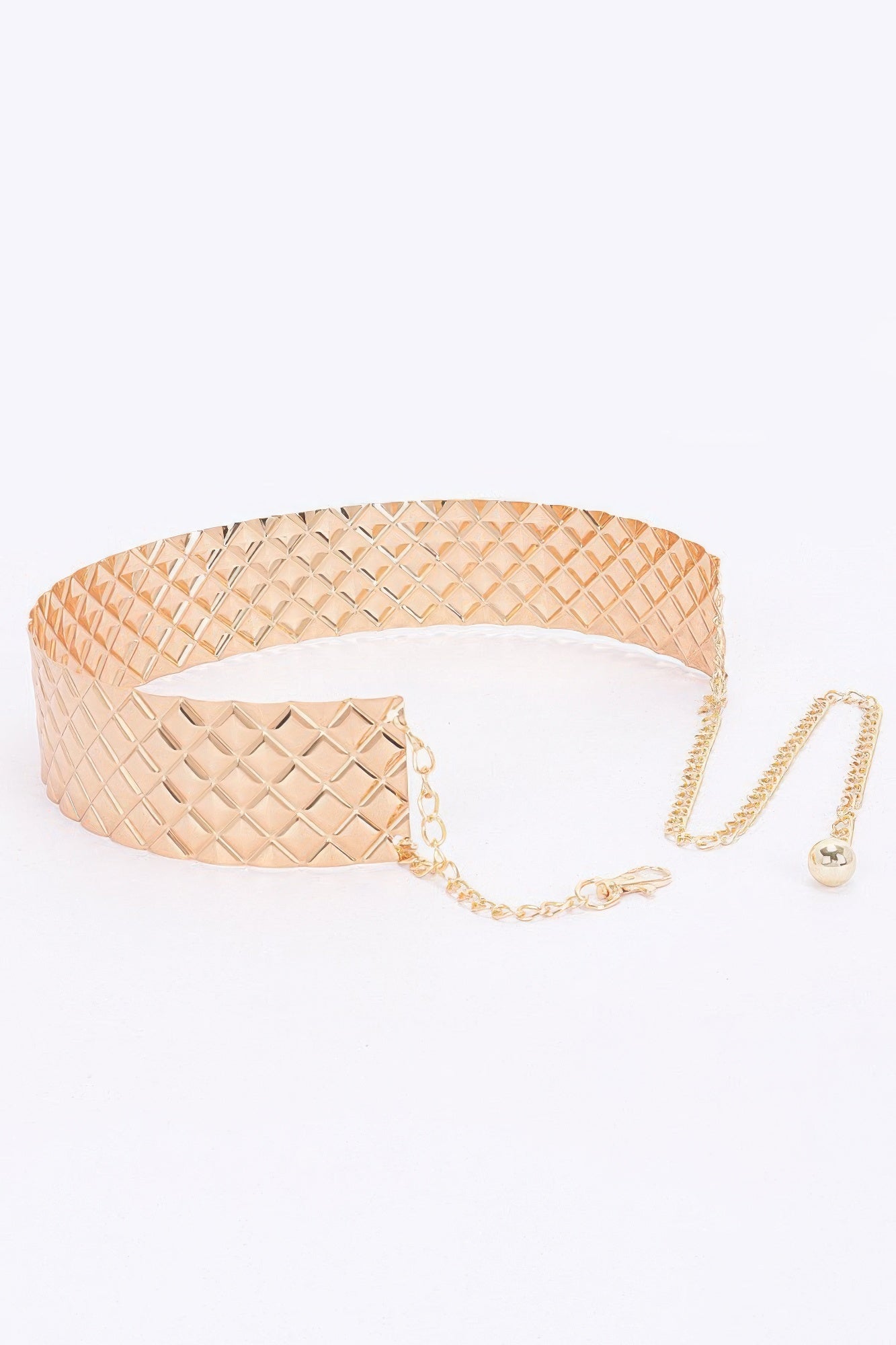 Gold metal waist belt, diamond mesh band with extended chain and round charm.