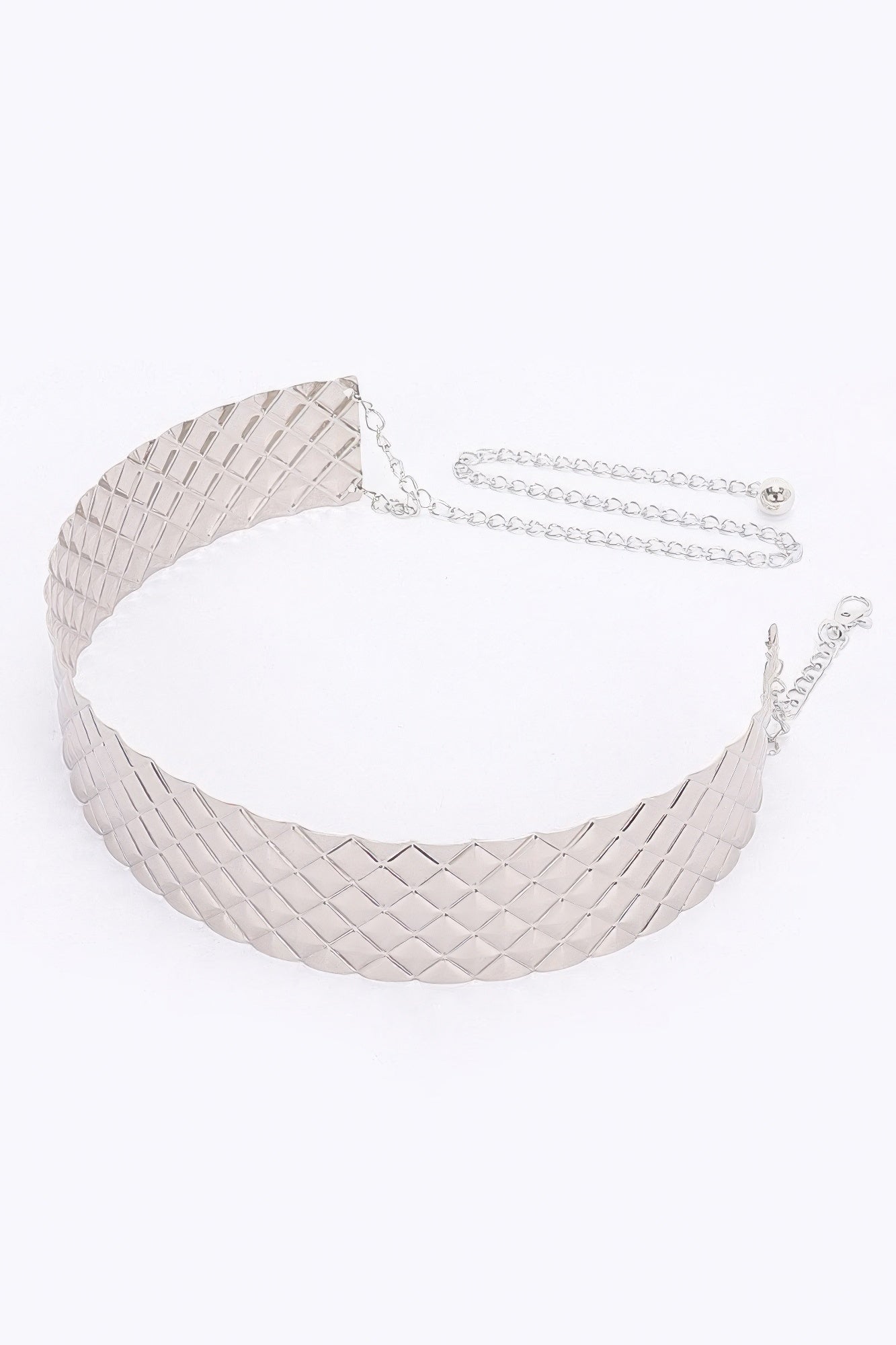 Silver/white metal waist belt with diamond texture and thin chain closure.