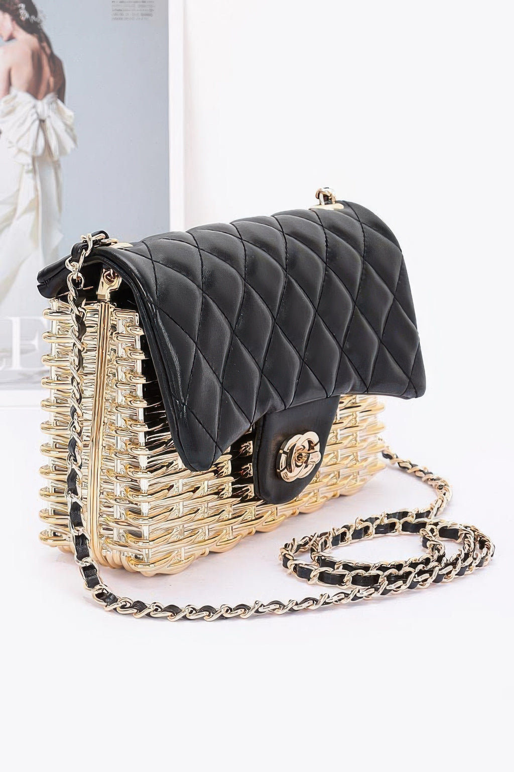 Metallic Acrylic Flap Bag, quilted black flap with clasp, chain strap, gold-toned woven sides
