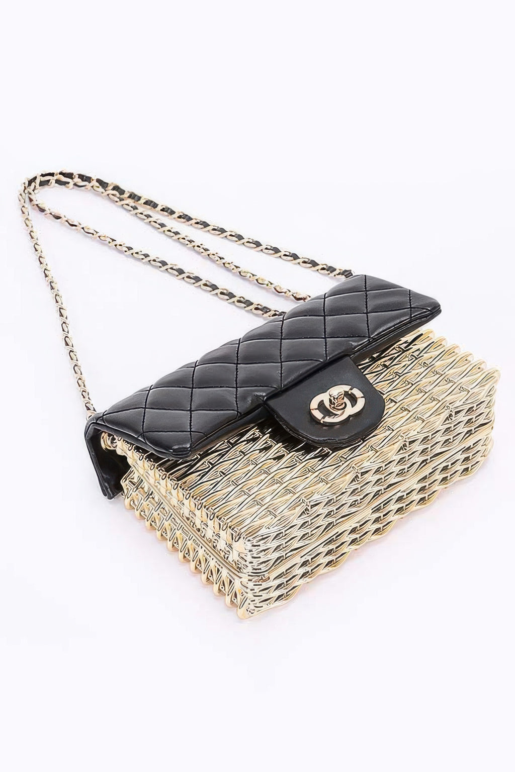 Metallic Acrylic Flap Bag, black quilted flap and front logo, chain strap, gold-toned woven base