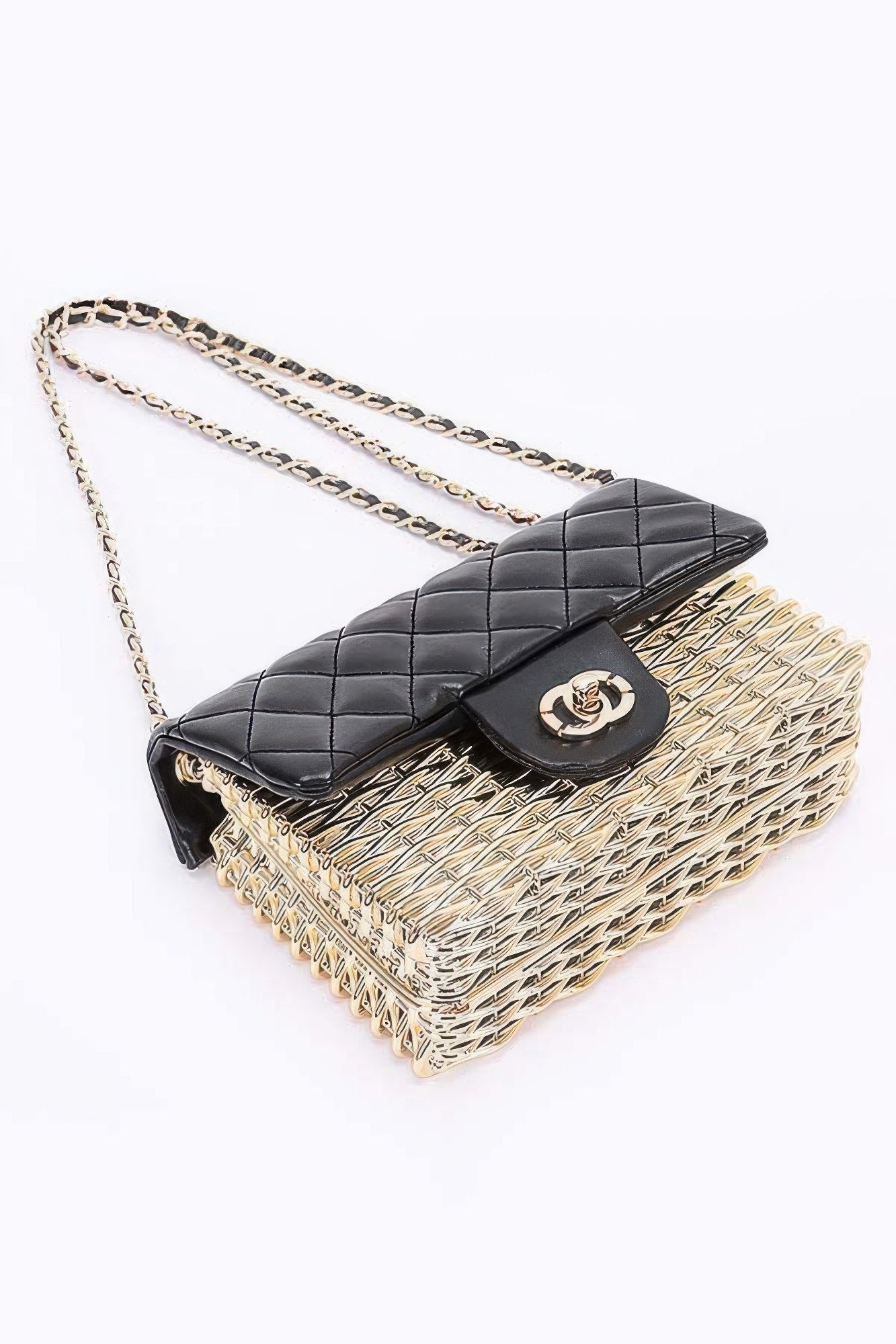 Metallic Acrylic Flap Bag, black quilted flap and front logo, chain strap, gold-toned woven base