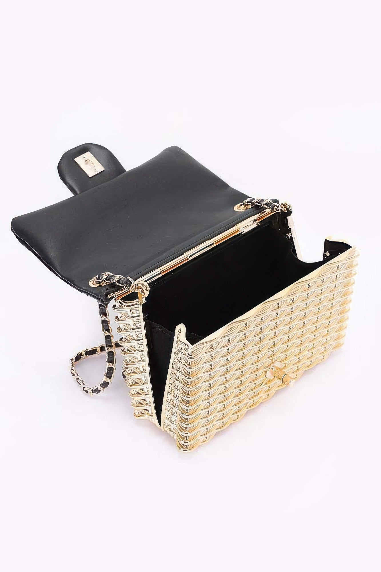 Metallic Acrylic Flap Bag with black flap, gold-toned woven frame, chain strap and hardware