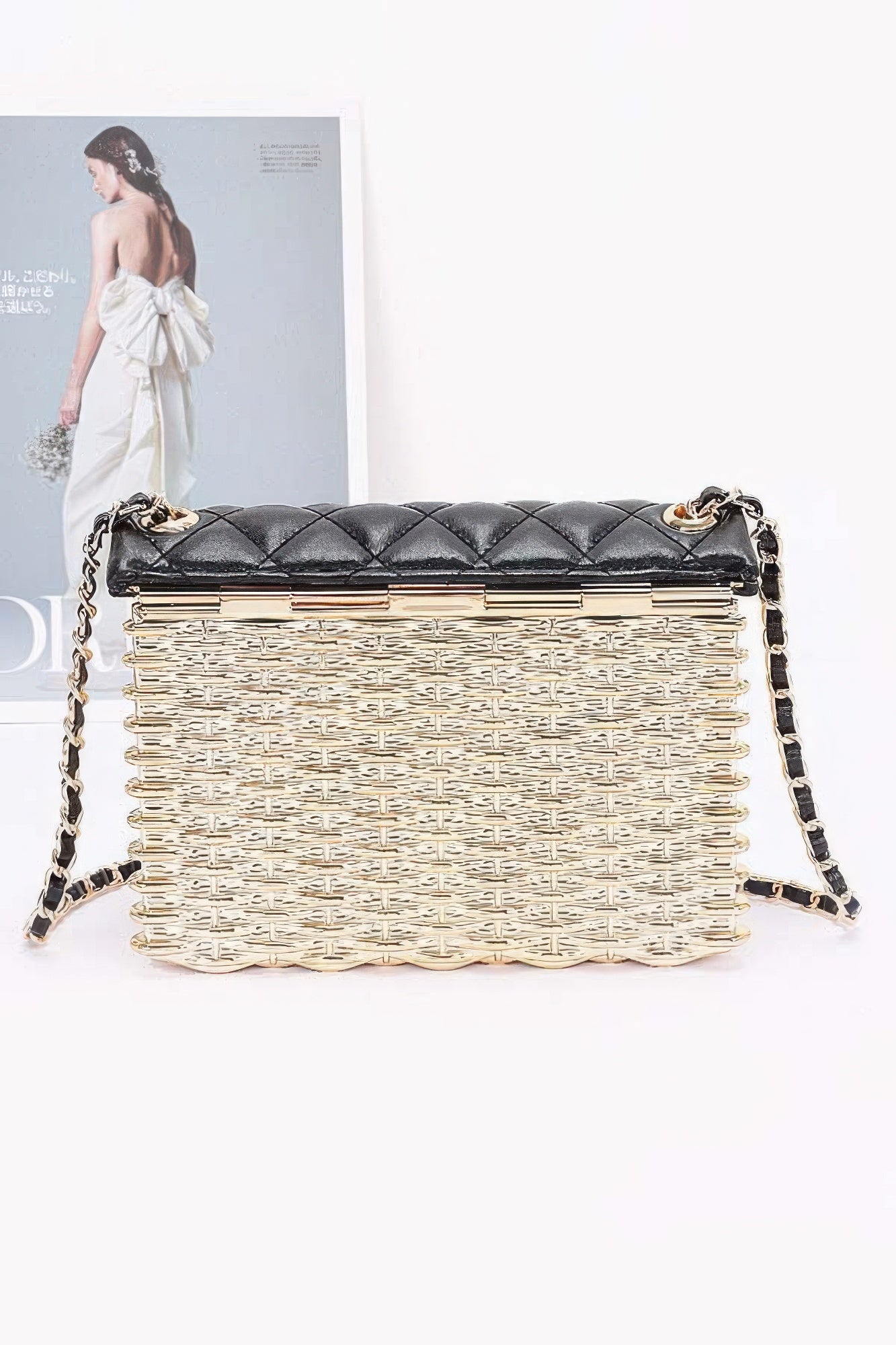Metallic Acrylic Flap Bag, quilted black top and clasp, chain strap, gold-toned woven front