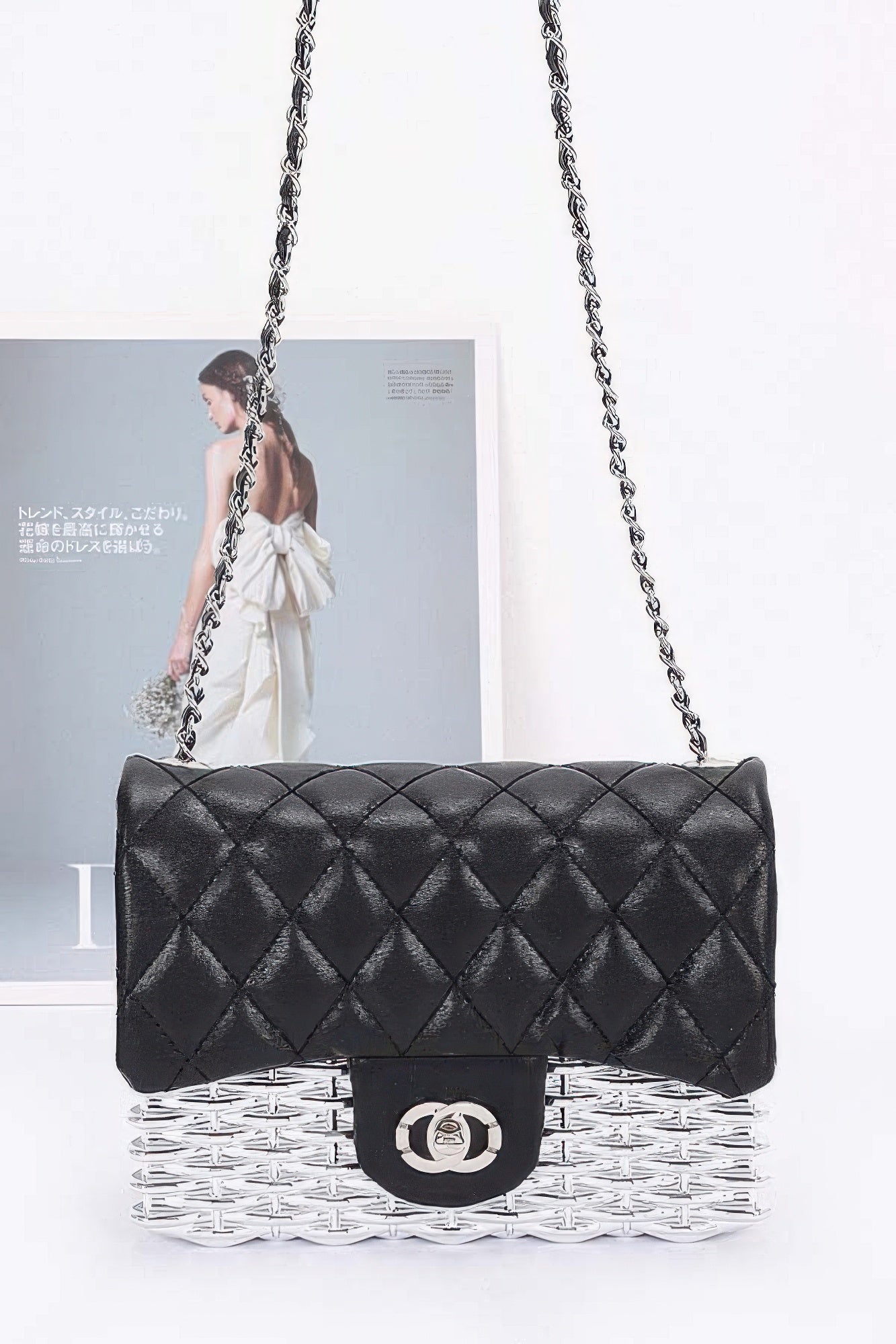 Metallic Acrylic Flap Bag with quilted black flap, chain strap, silver-toned woven base